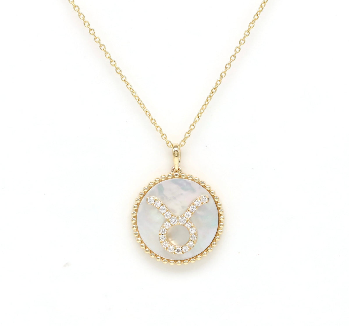 14K Gold White Mother of Pearl & Diamond Taurus Zodiac Medallion Medallion ALP-227Y-TAU.WM  - Abtin & Co.