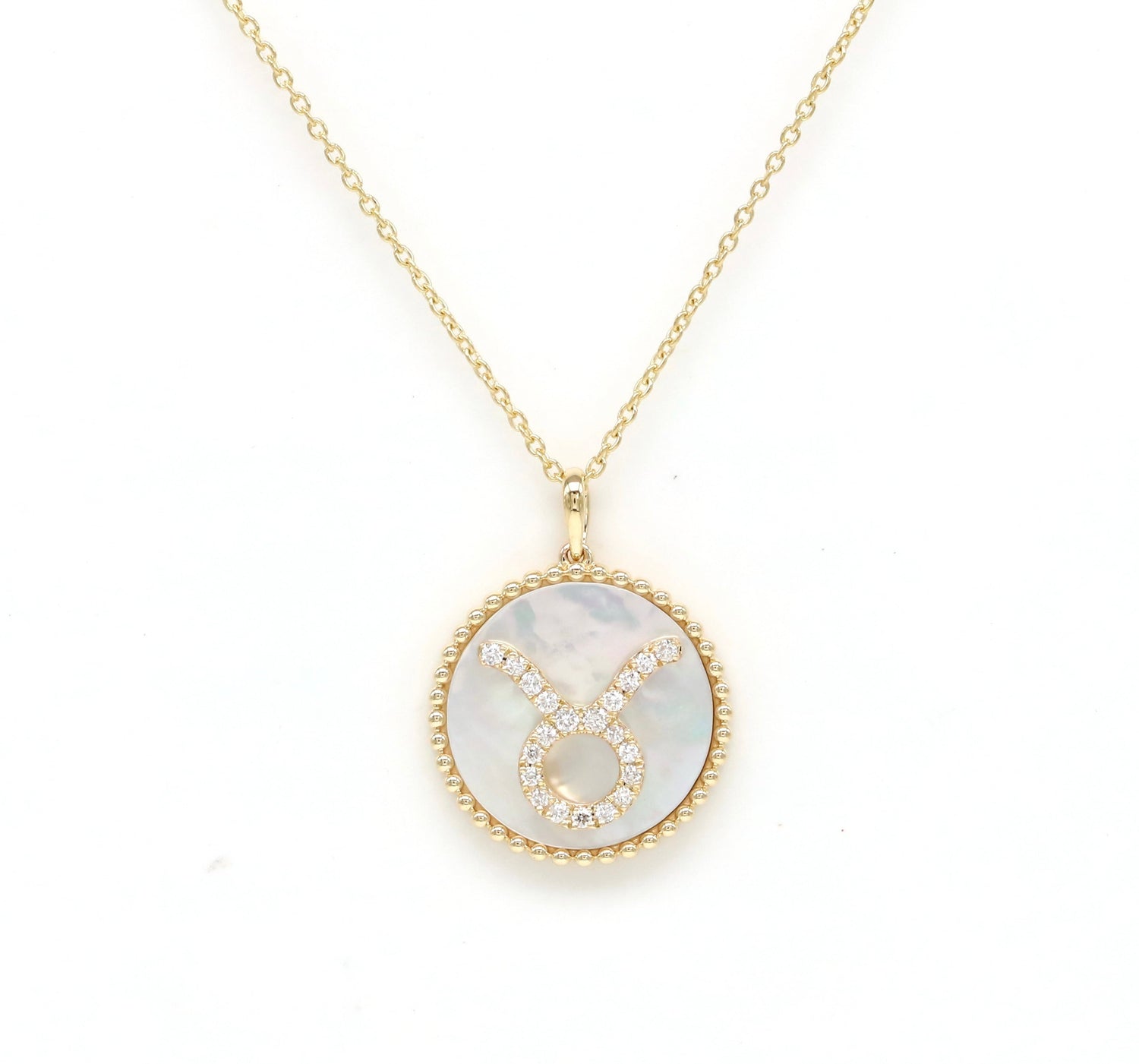 14K Gold White Mother of Pearl & Diamond Taurus Zodiac Medallion Medallion ALP-227Y-TAU.WM  - Abtin & Co.