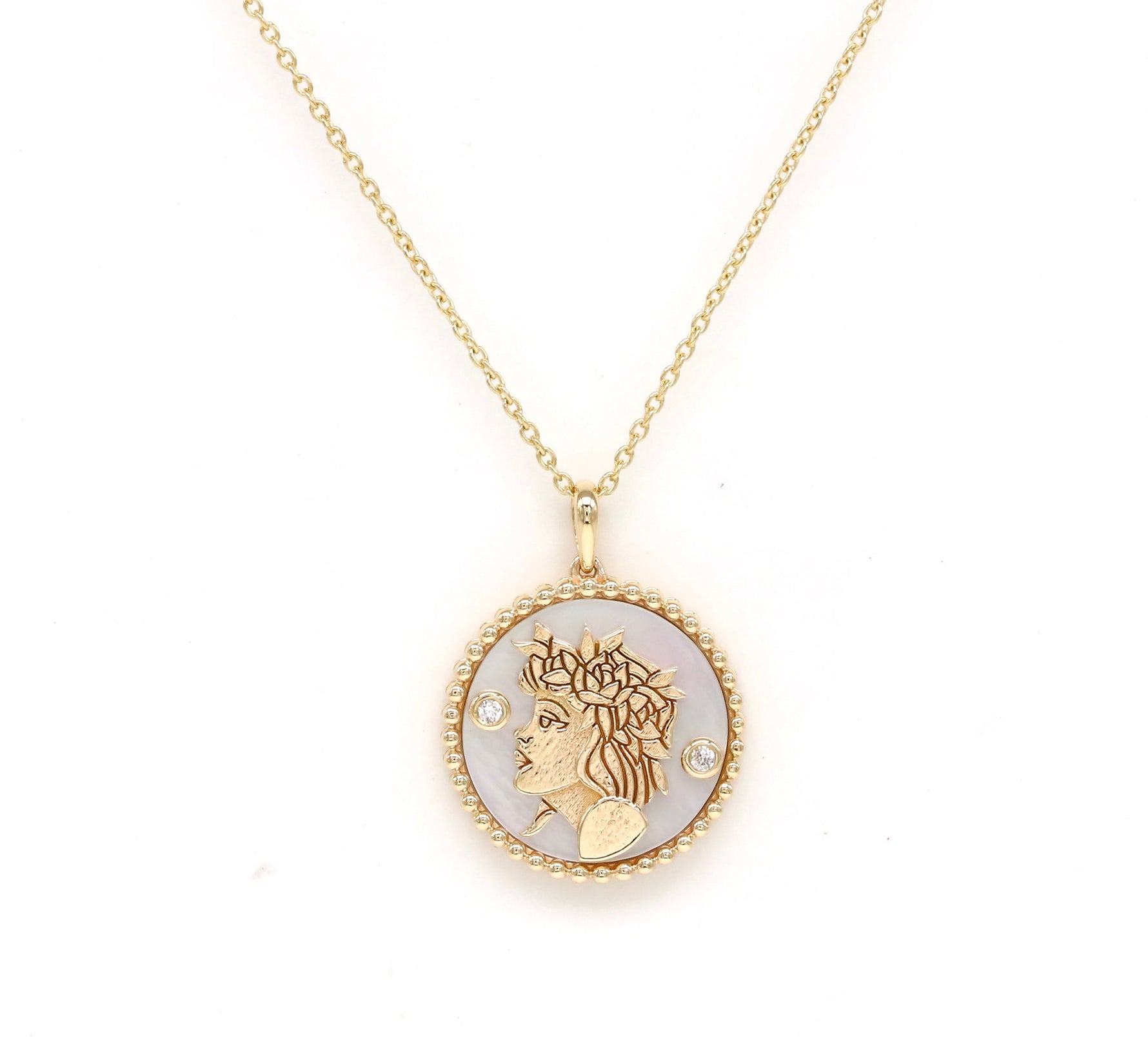 14K Gold White Mother of Pearl & Diamond Virgo Horoscope Medallion Medallion ALP-225Y.V1-VIR.WM  - Abtin & Co.