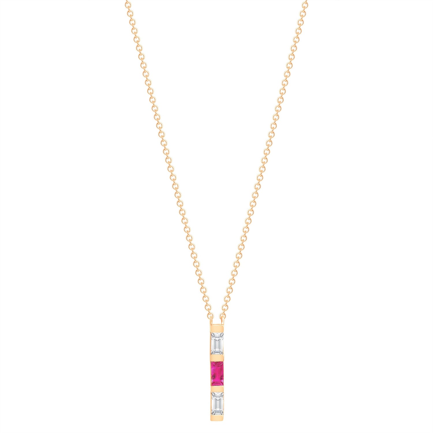 14K Rose Gold Baguette Pink Sapphire And Diamond Vertical Bar Pendant Pendant   - Abtin & Co.