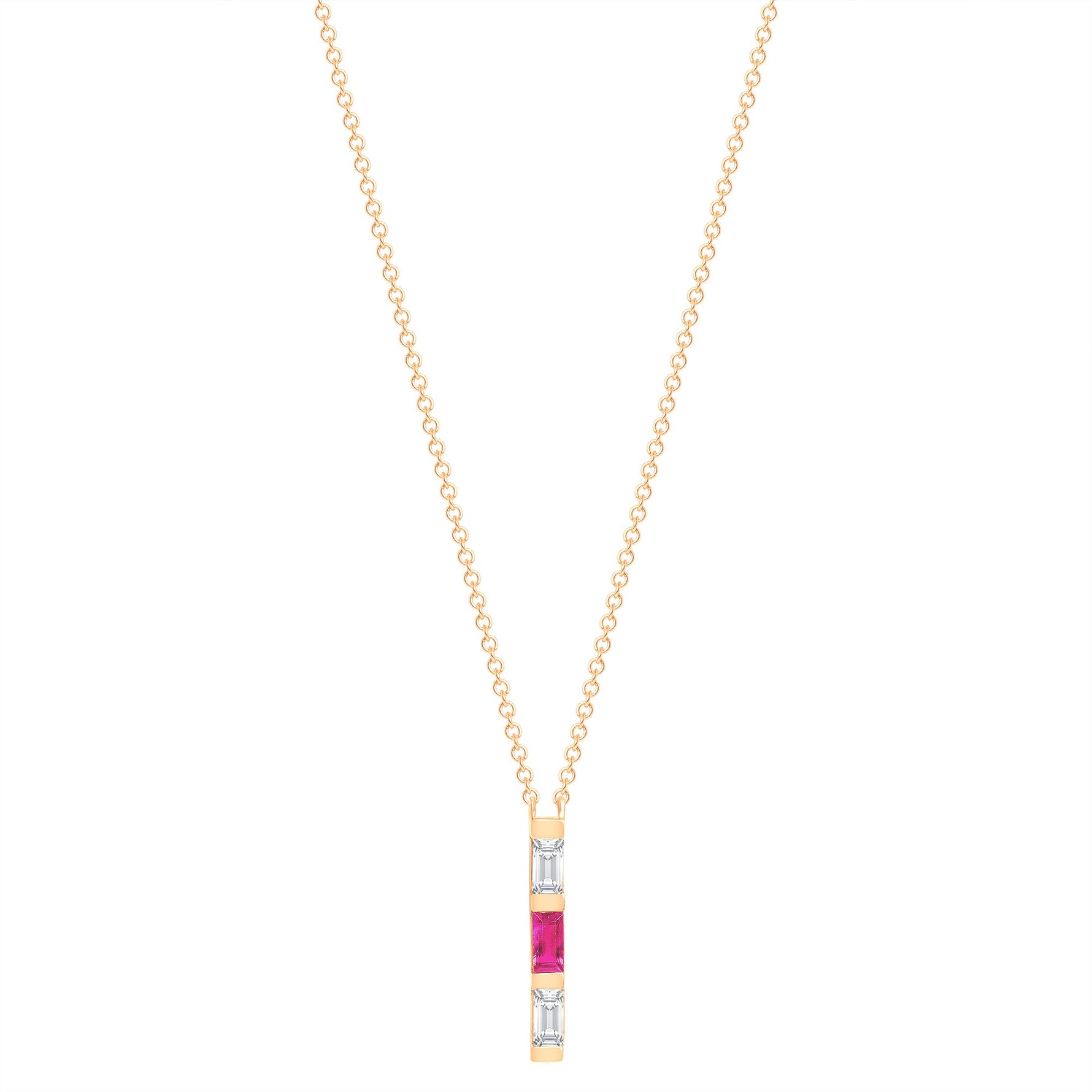 14K Rose Gold Baguette Pink Sapphire And Diamond Vertical Bar Pendant Pendant   - Abtin & Co.