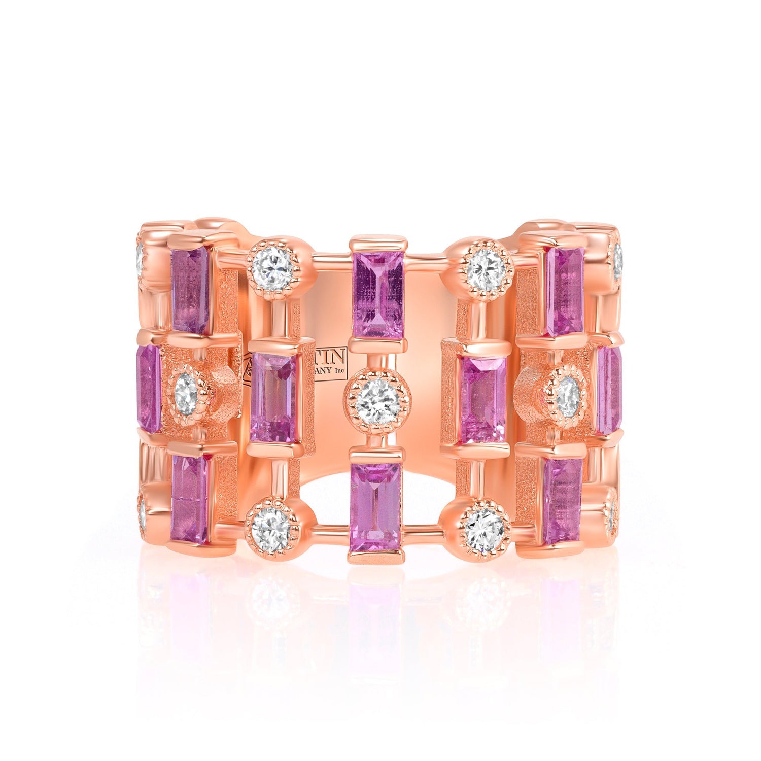 14K Rose Gold Diamond & Pink Sapphire Lace Cigar Band Ring ABB-617.2-PSD-1  - Abtin & Co.