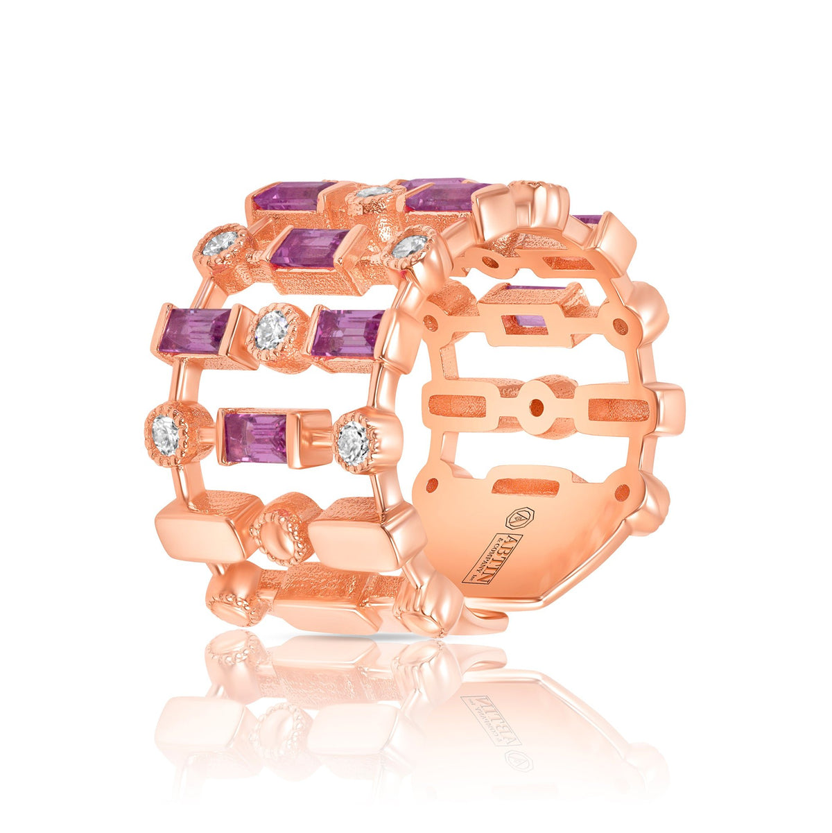 14K Rose Gold Diamond & Pink Sapphire Lace Cigar Band Ring ABB-617.2-PSD-1  - Abtin & Co.