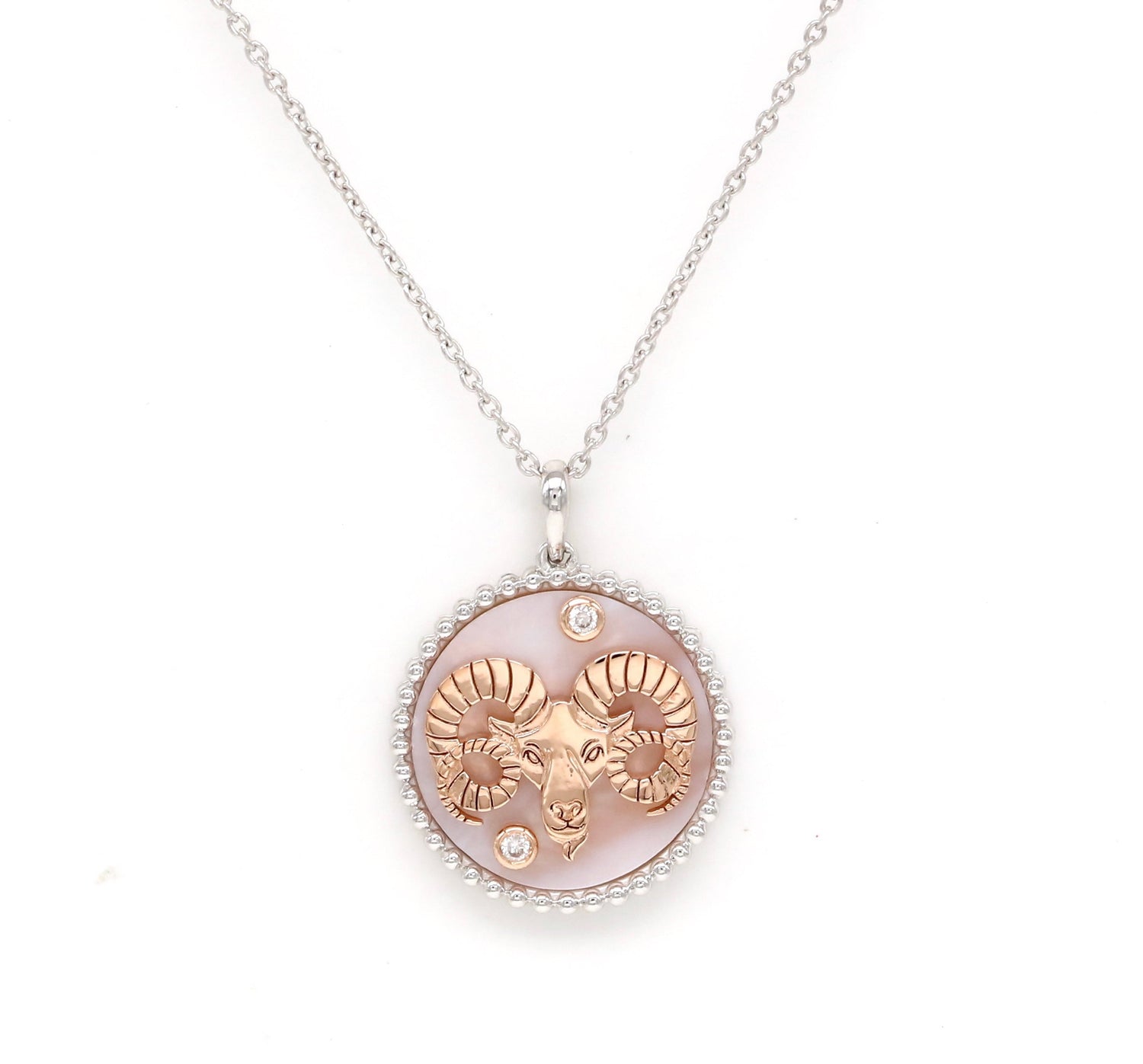 14K Two-toned Gold Pink Mother of Pearl & Diamond Aries Horoscope Medallion Medallion ALP-225WR-ARI.PM  - Abtin & Co.