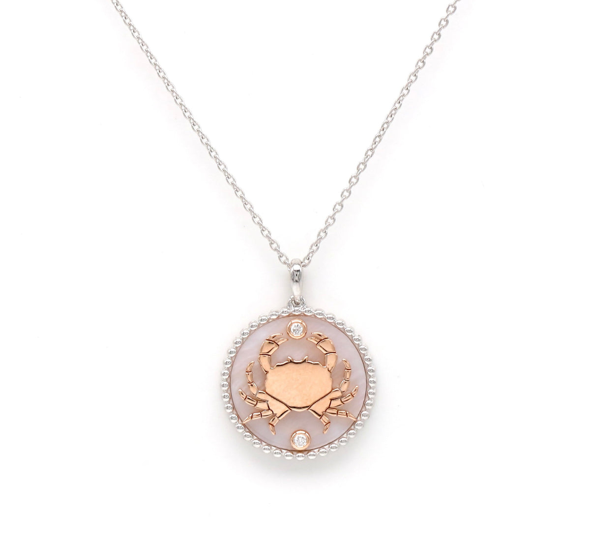 14K Two-toned Gold Pink Mother of Pearl & Diamond Cancer Horoscope Medallion Medallion   - Abtin & Co.