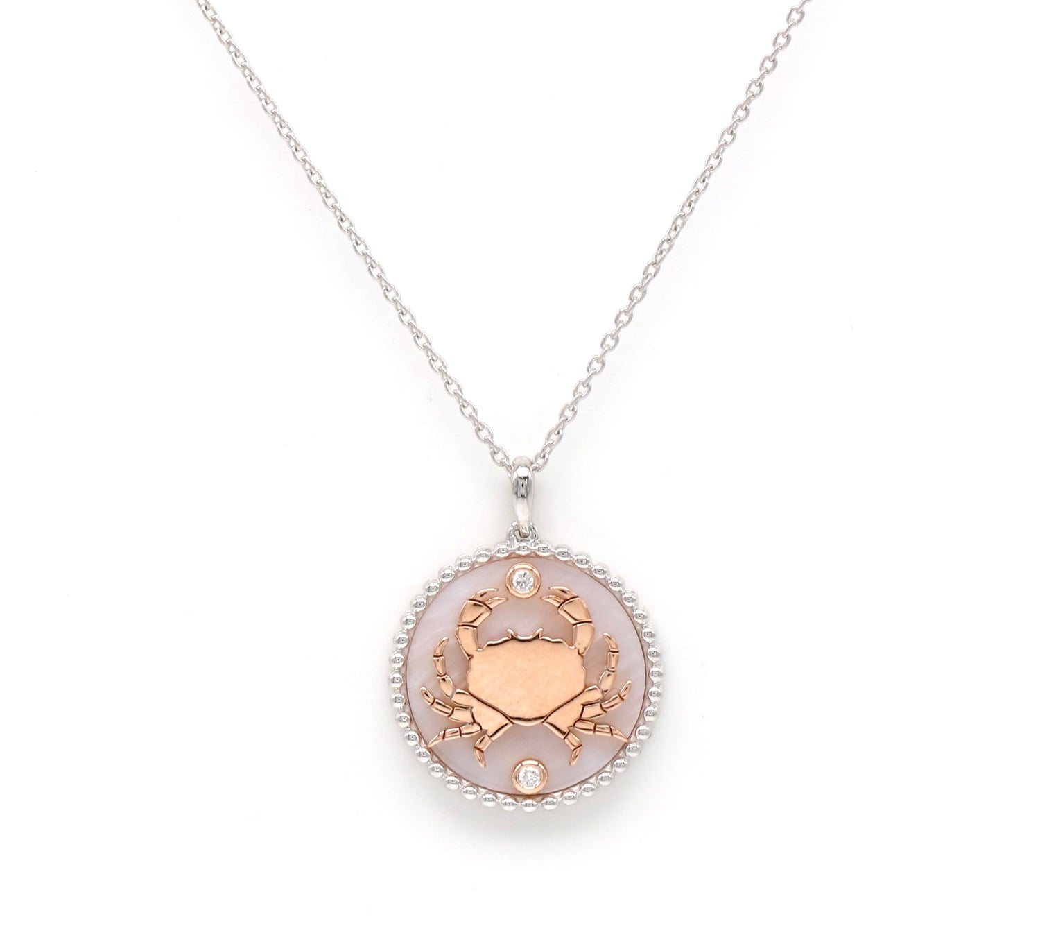 14K Two-toned Gold Pink Mother of Pearl & Diamond Cancer Horoscope Medallion Medallion   - Abtin & Co.