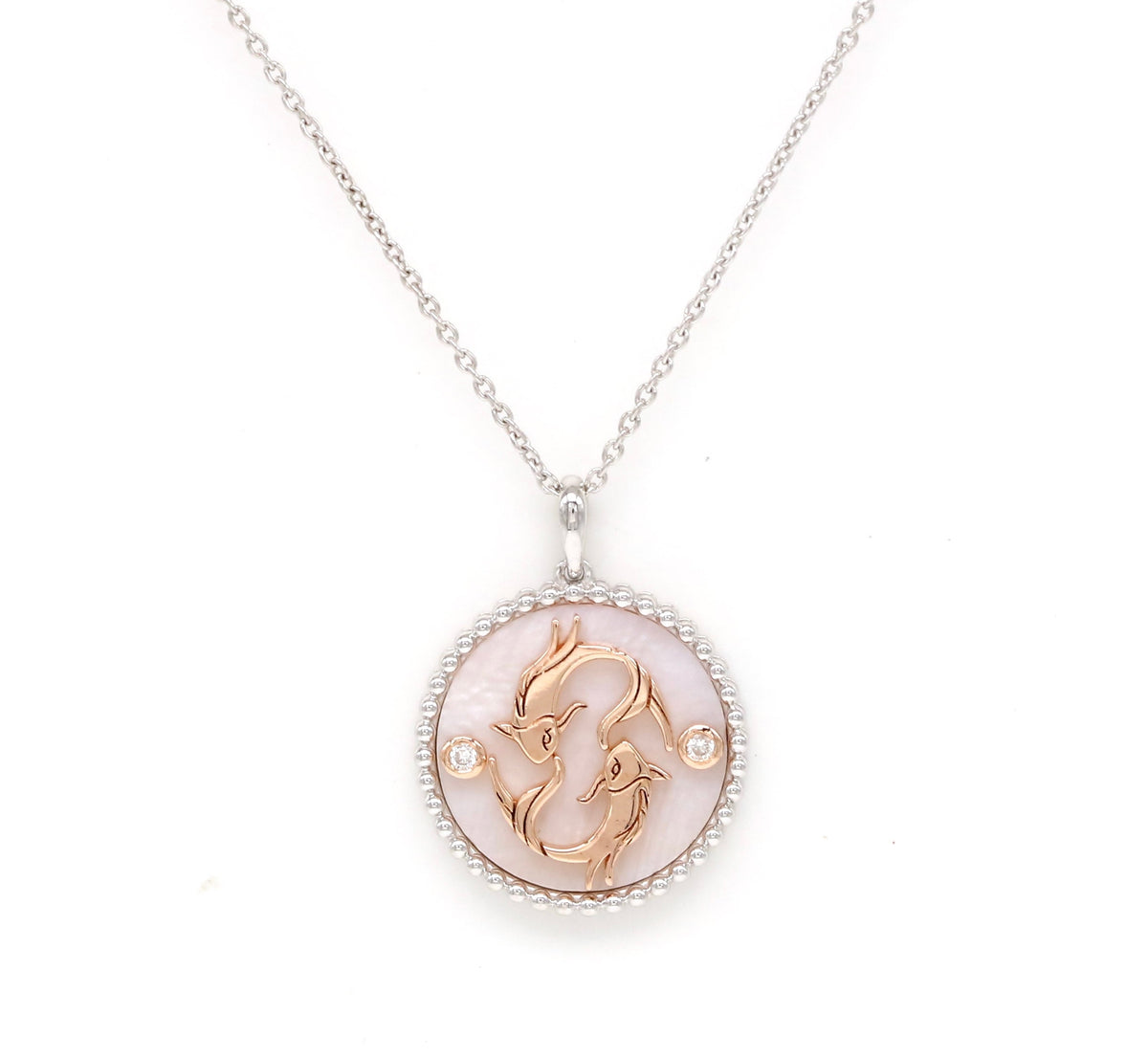 14K Two-toned Gold Pink Mother of Pearl & Diamond Pisces Horoscope Medallion Medallion ALP-225WR-PIS.PM  - Abtin & Co.