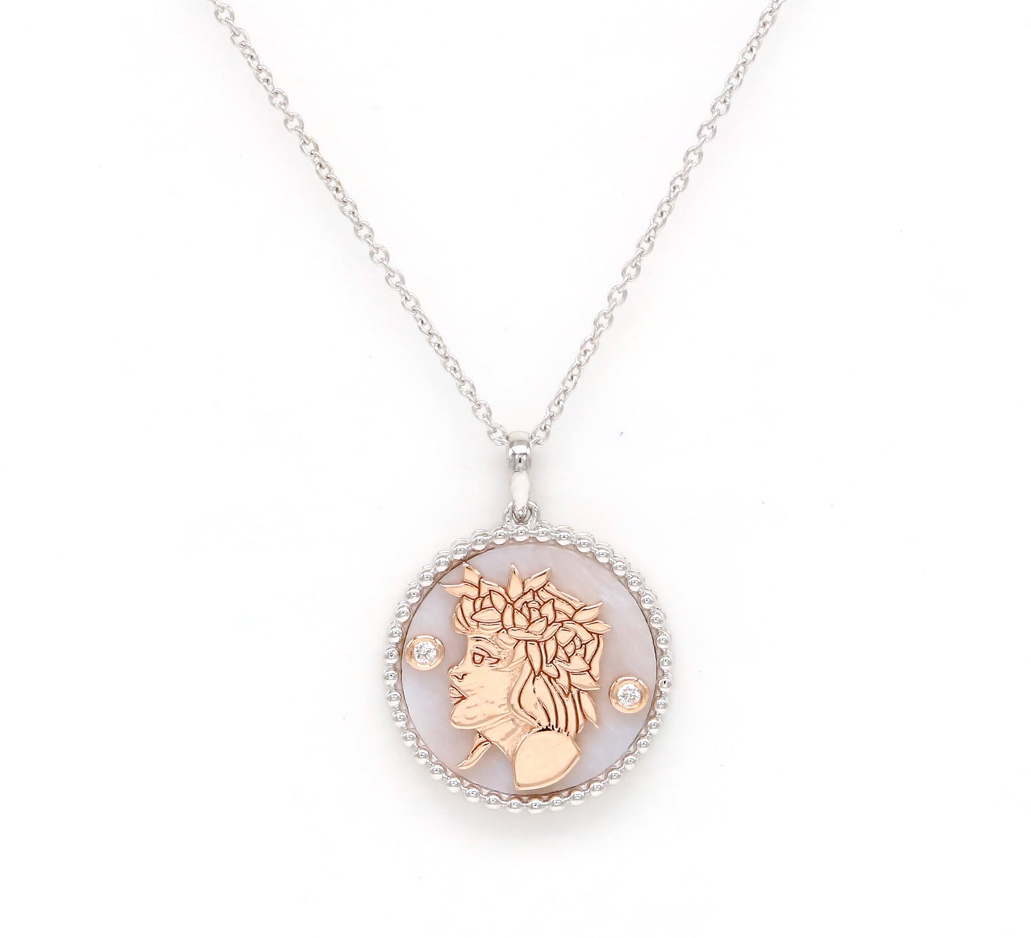 14K Two-toned Gold Pink Mother of Pearl & Diamond Virgo Horoscope Medallion Medallion ALP-225WR.V1-VIR.PM  - Abtin & Co.
