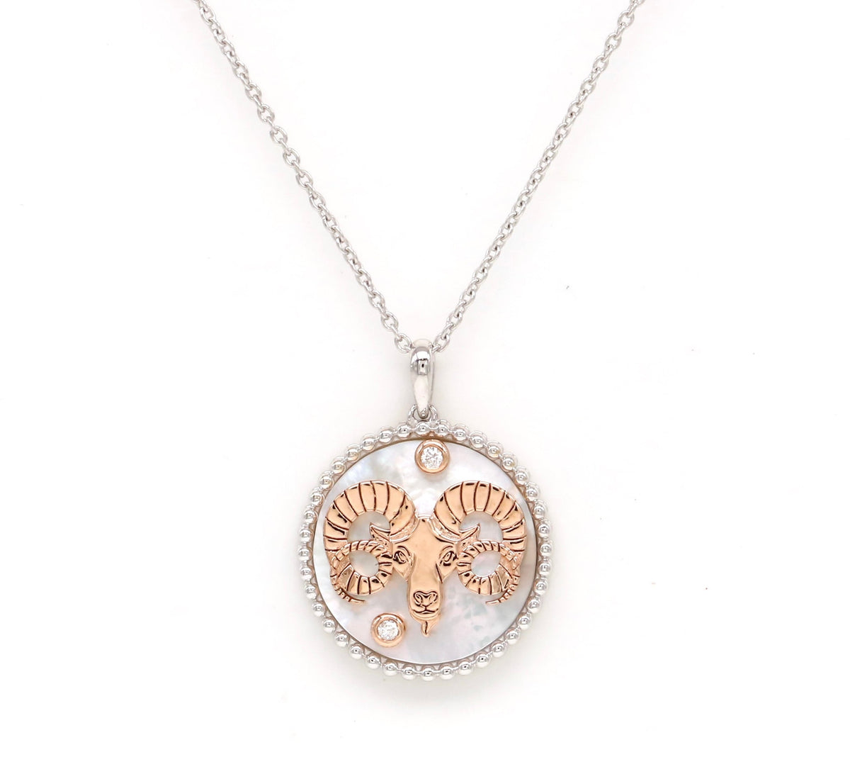 14K Two-toned Gold White Mother of Pearl & Diamond Aries Horoscope Medallion Medallion ALP-225WR-ARI.WM  - Abtin & Co.