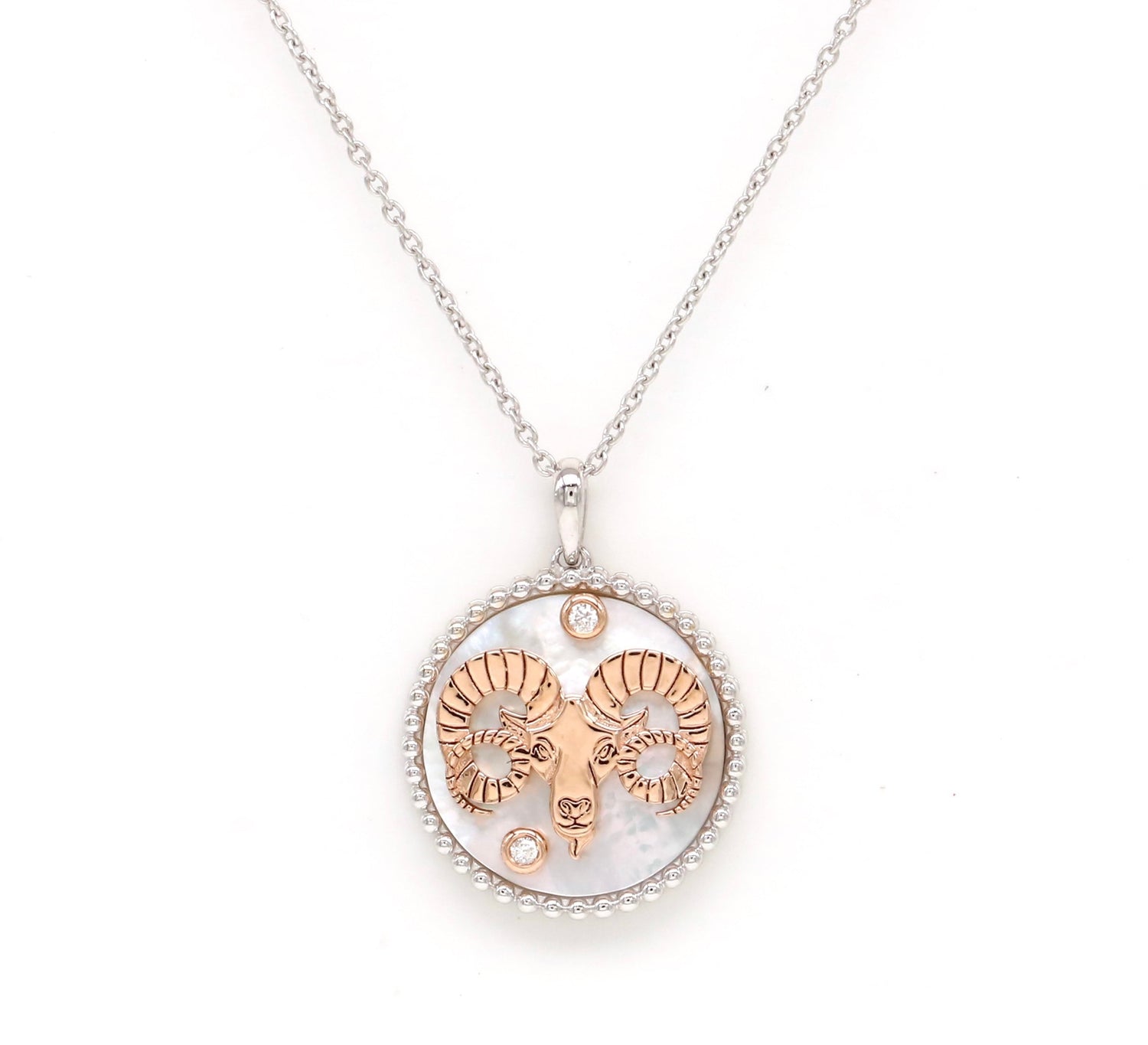 14K Two-toned Gold White Mother of Pearl & Diamond Aries Horoscope Medallion Medallion ALP-225WR-ARI.WM  - Abtin & Co.