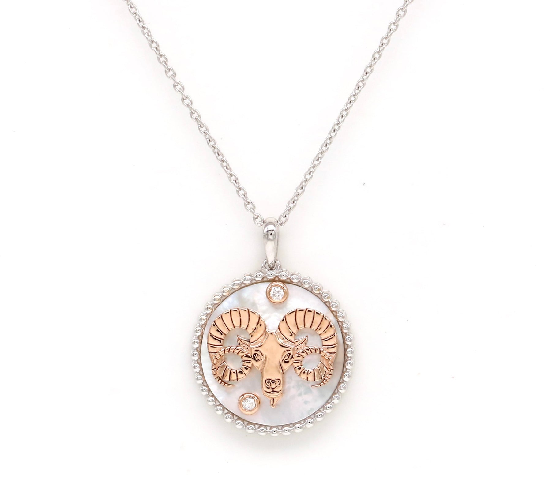 14K Two-toned Gold White Mother of Pearl & Diamond Aries Horoscope Medallion Medallion ALP-225WR-ARI.WM  - Abtin & Co.