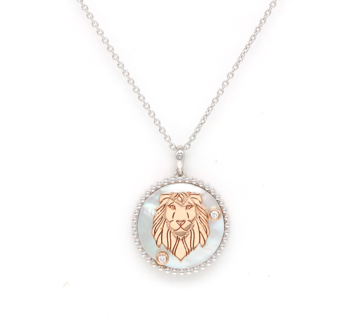 14K Two-toned Gold White Mother of Pearl & Diamond Leo Horoscope Medallion Medallion ALP-225WR-LEO.WM  - Abtin & Co.