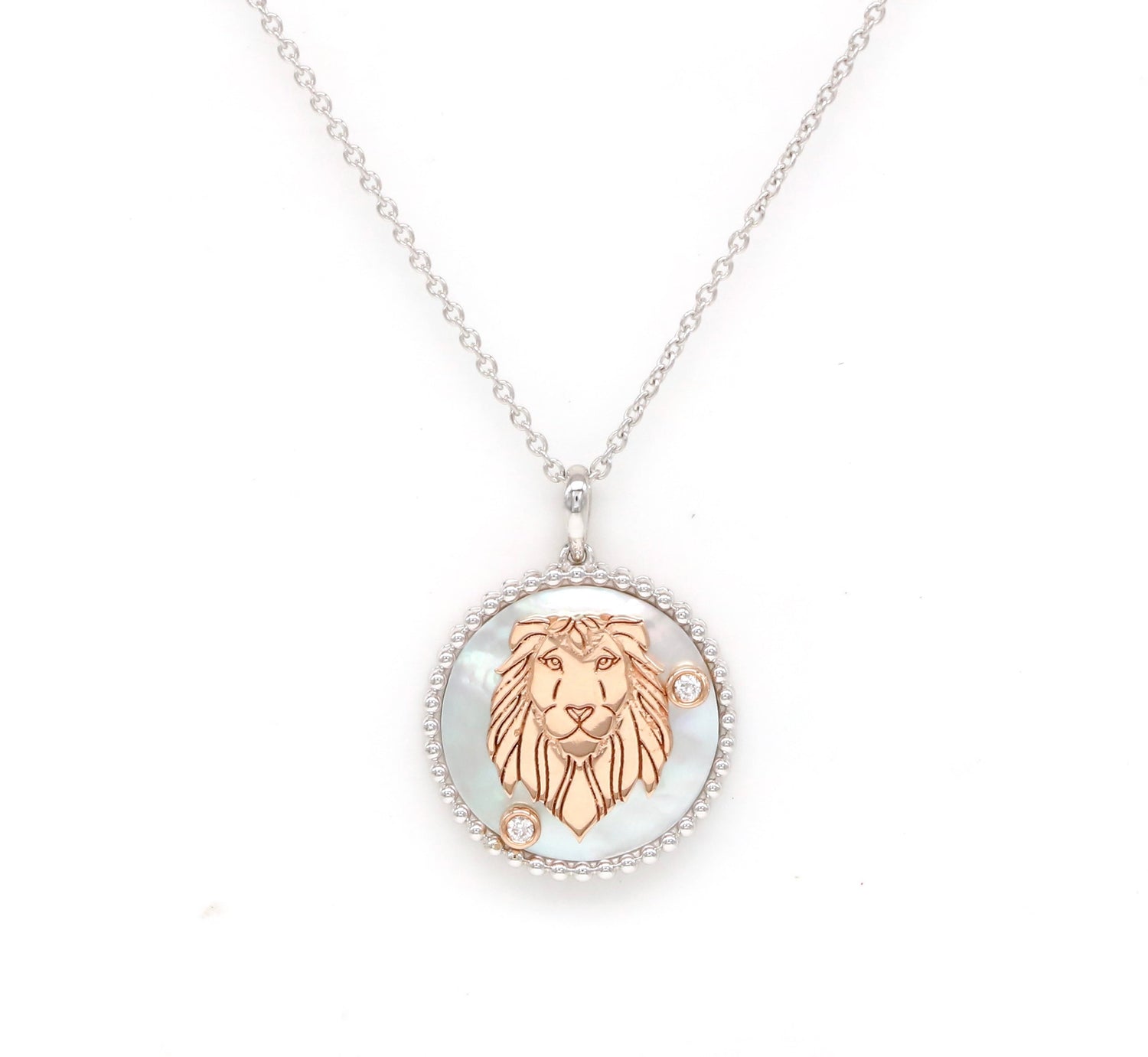 14K Two-toned Gold White Mother of Pearl & Diamond Leo Horoscope Medallion Medallion ALP-225WR-LEO.WM  - Abtin & Co.