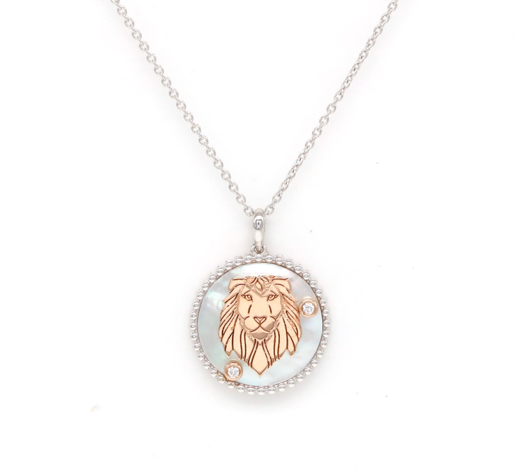 14K Two-toned Gold White Mother of Pearl & Diamond Leo Horoscope Medallion Medallion ALP-225WR-LEO.WM  - Abtin & Co.