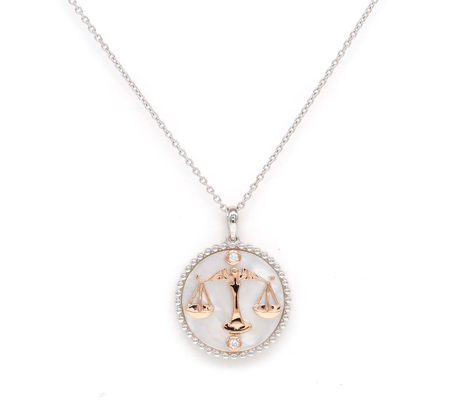 14K Two-toned Gold White Mother of Pearl & Diamond Libra Horoscope Medallion Medallion ALP-225Y-LIB.WM  - Abtin & Co.