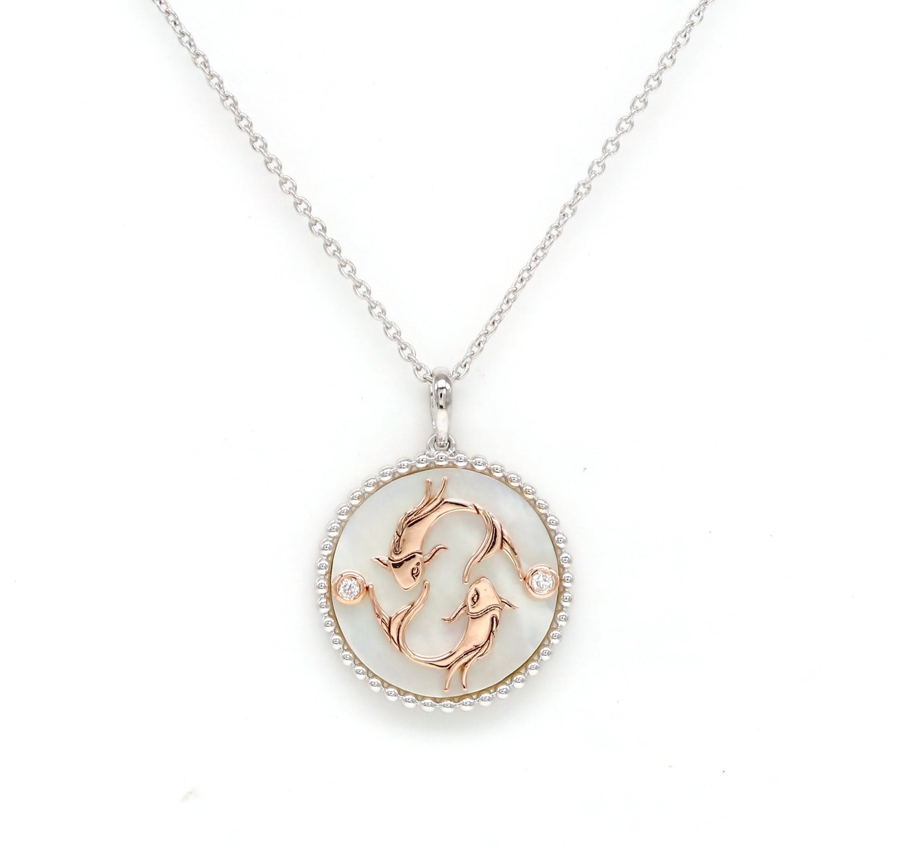 14K Two-toned Gold White Mother of Pearl & Diamond Pisces Horoscope Medallion Medallion ALP-225Y-PIS.WM  - Abtin & Co.