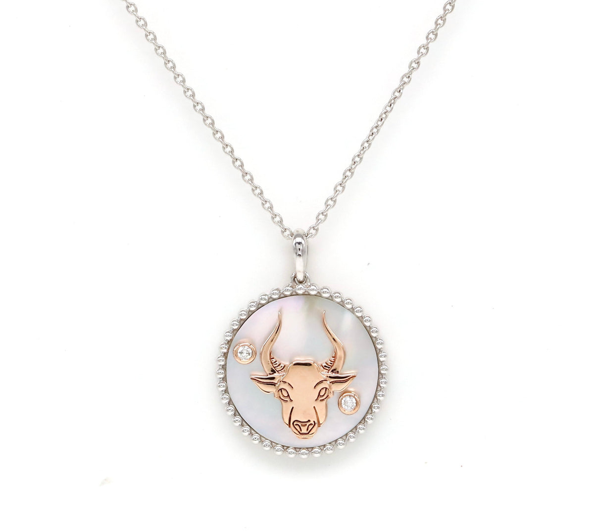 14K Two-toned Gold White Mother of Pearl & Diamond Taurus Horoscope Medallion Medallion ALP-226WR-TAU.WM  - Abtin & Co.