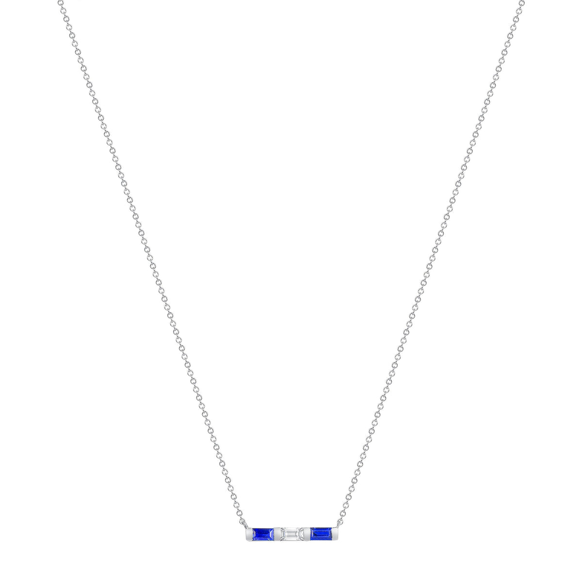 14K White Gold Baguette Blue Sapphire & Diamond Bar Pendant Pendant ABP-193.2V1W-BSD  - Abtin & Co.