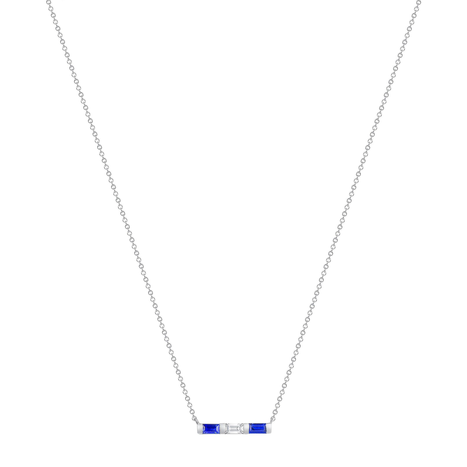14K White Gold Baguette Blue Sapphire & Diamond Bar Pendant Pendant ABP-193.2V1W-BSD  - Abtin & Co.