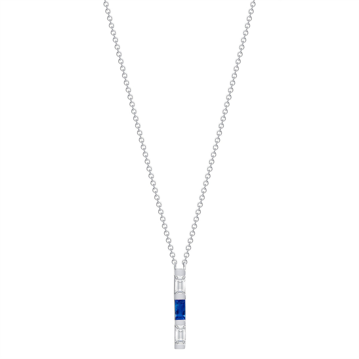 14K White Gold Baguette Blue Sapphire & Diamond Bar Pendant Pendant ABP-193.1V1W-BSD  - Abtin & Co.