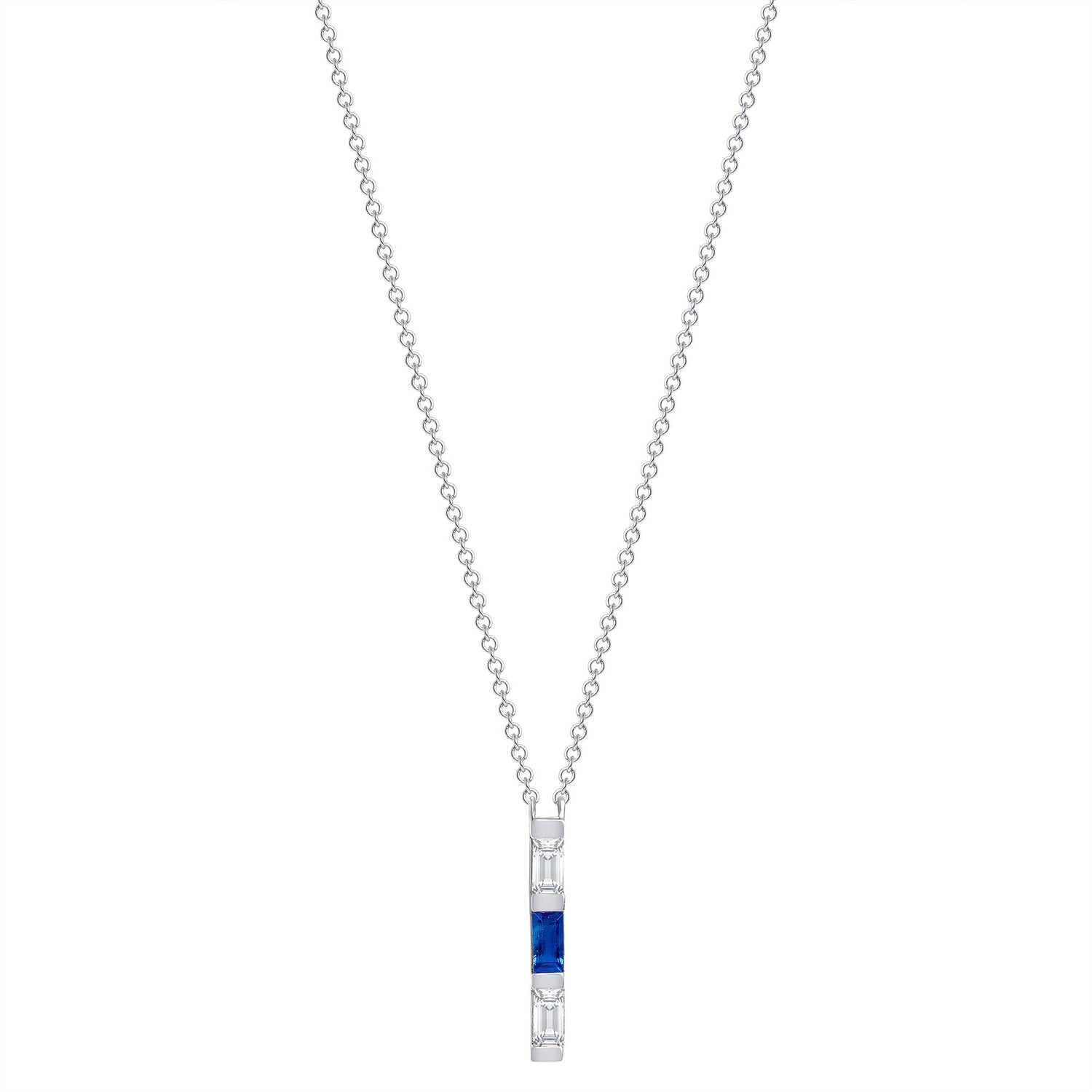 14K White Gold Baguette Blue Sapphire & Diamond Bar Pendant Pendant ABP-193.1V1W-BSD  - Abtin & Co.