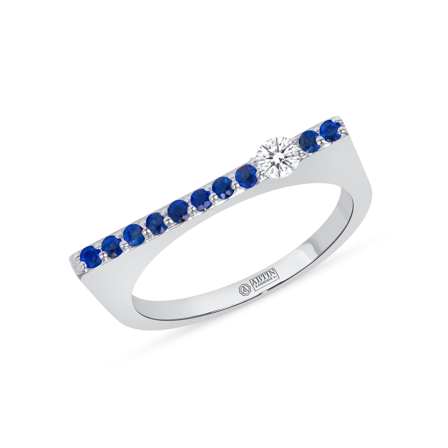 14K White Gold Blue Sapphire And Diamond Stacking Bar Ring Ring ABB-628.2V2W-BSD  - Abtin & Co.