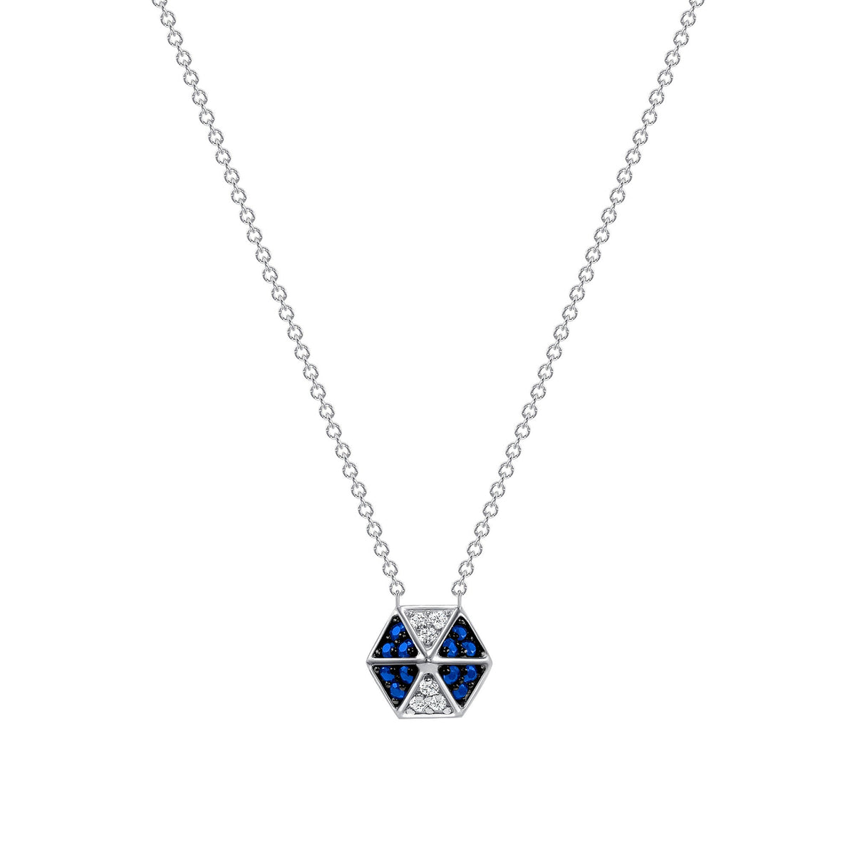 14k White Gold Hexagon Diamond & Blue Sapphire Necklace Pendant ABP-166V1W-BSD  - Abtin & Co.