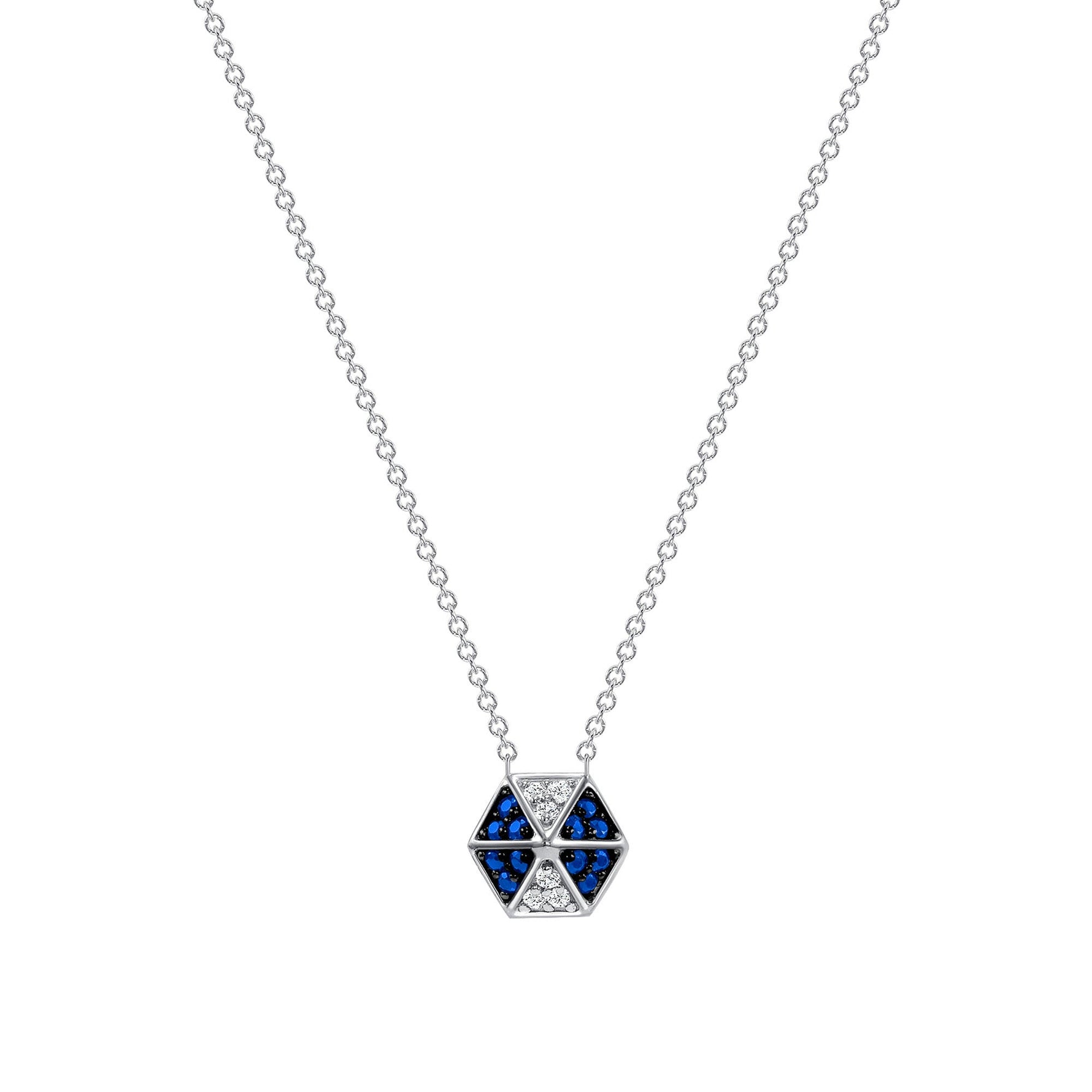 14k White Gold Hexagon Diamond & Blue Sapphire Necklace Pendant ABP-166V1W-BSD  - Abtin & Co.
