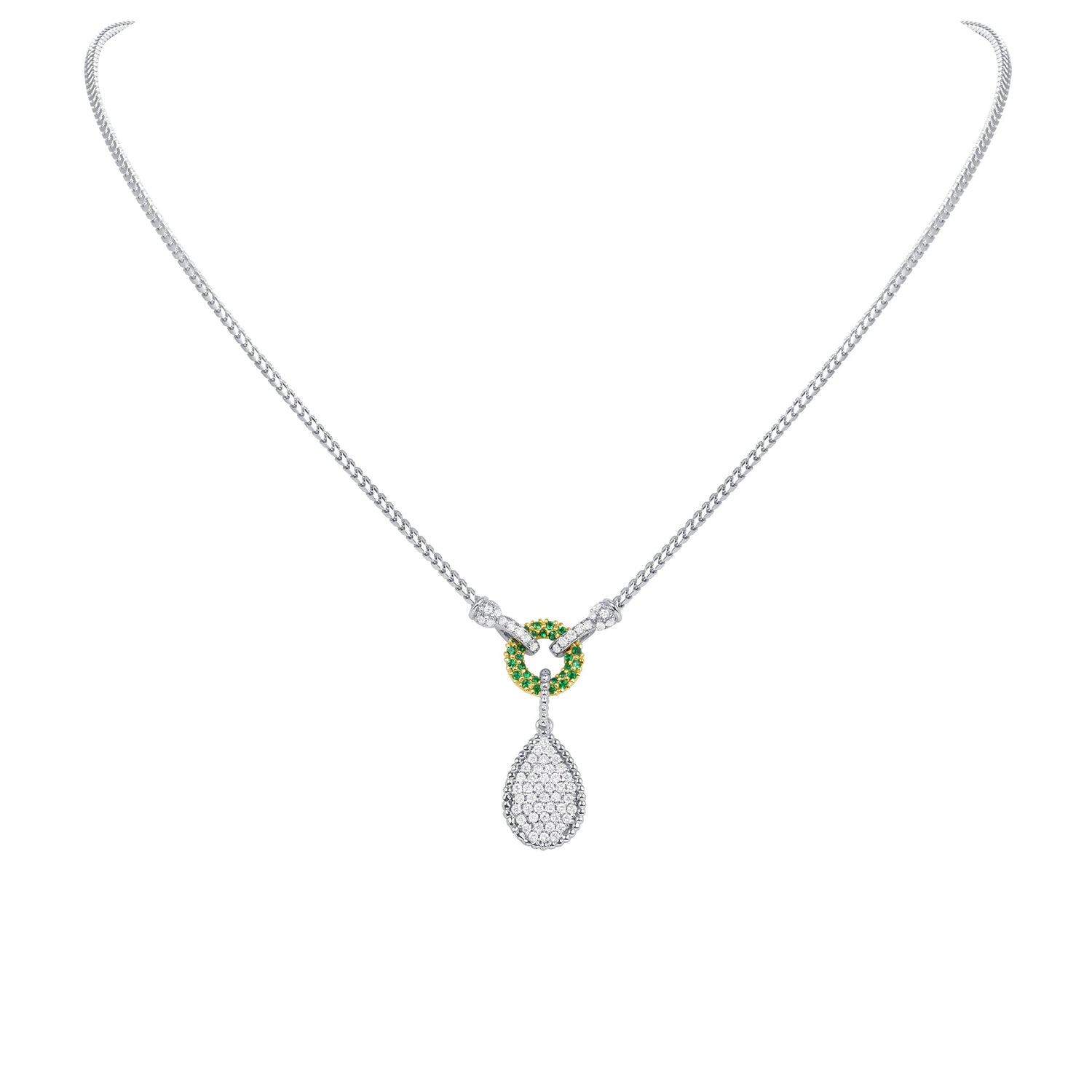 14K White Gold Pave Diamond & Emerald Tear-Drop Shape Drop Pendant Pendant ABP-134TTV1-EMD  - Abtin & Co.