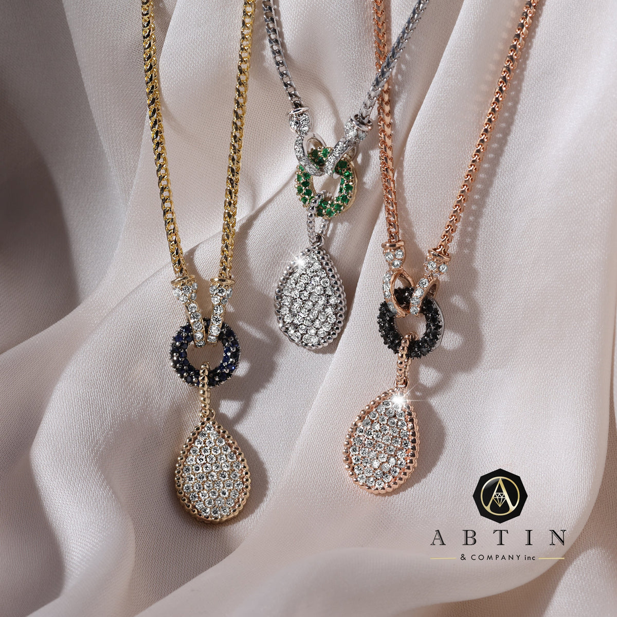 14K White Gold Pave Diamond & Emerald Tear-Drop Shape Drop Pendant Pendant ABP-134TTV1-EMD  - Abtin & Co.