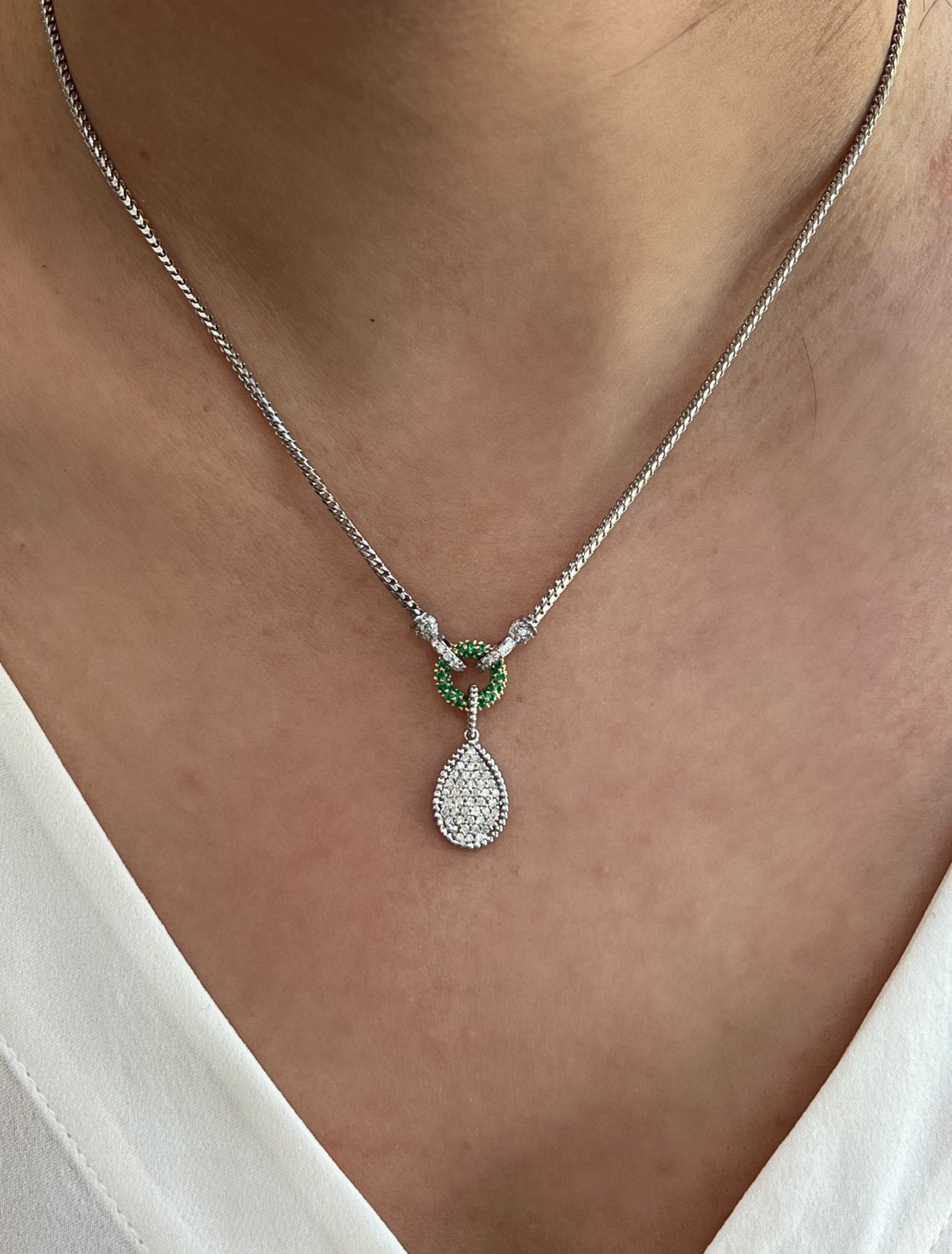 14K White Gold Pave Diamond & Emerald Tear-Drop Shape Drop Pendant Pendant ABP-134TTV1-EMD  - Abtin & Co.