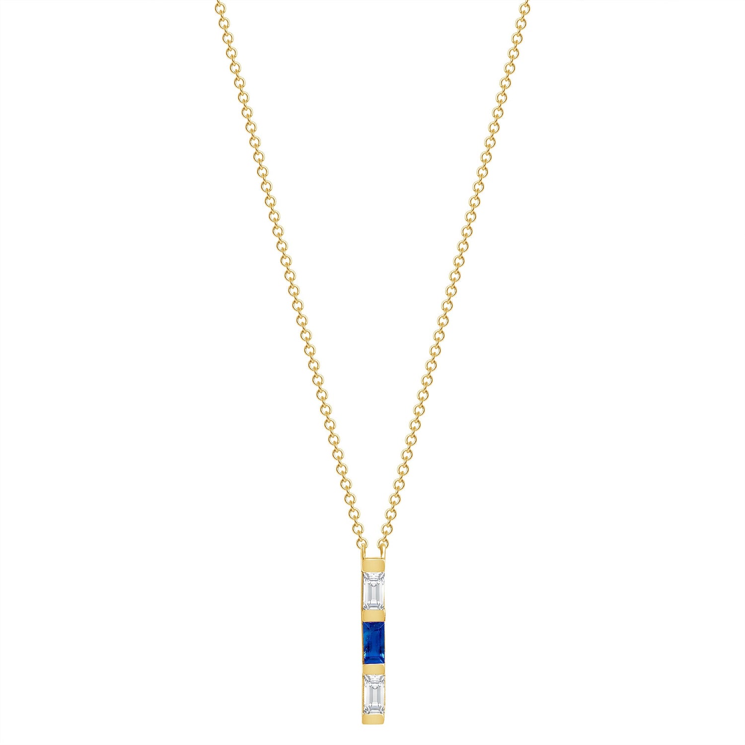 14K Yellow Gold Baguette Blue Sapphire & Diamond Bar Pendant Pendant   - Abtin & Co.