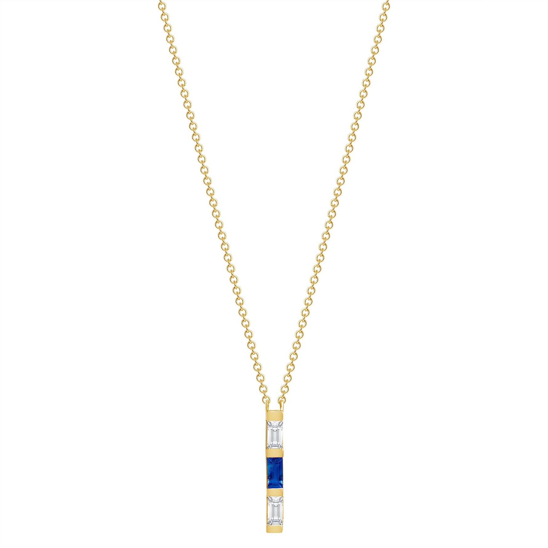 14K Yellow Gold Baguette Blue Sapphire & Diamond Bar Pendant Pendant   - Abtin & Co.