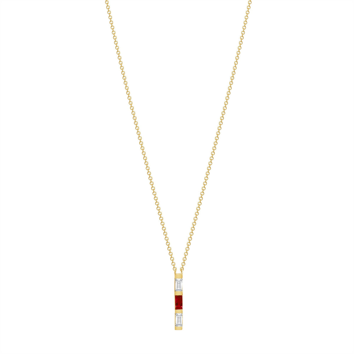 14K Yellow Gold Baguette Ruby & Diamond Vertical Bar Pendant Pendant ABP-193.1V1Y-RUD  - Abtin & Co.