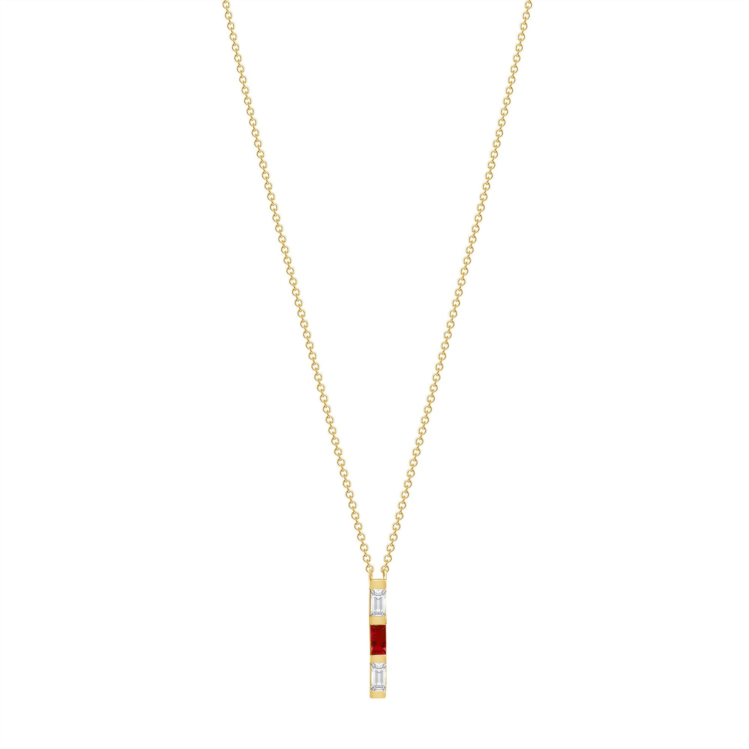 14K Yellow Gold Baguette Ruby & Diamond Vertical Bar Pendant Pendant ABP-193.1V1Y-RUD  - Abtin & Co.