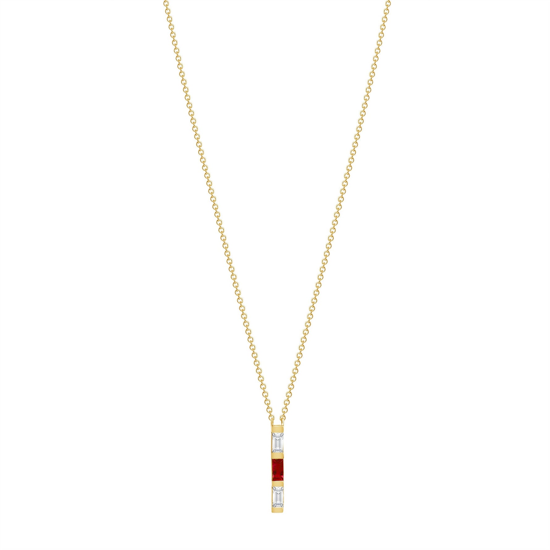 14K Yellow Gold Baguette Ruby & Diamond Vertical Bar Pendant Pendant ABP-193.1V1Y-RUD  - Abtin & Co.