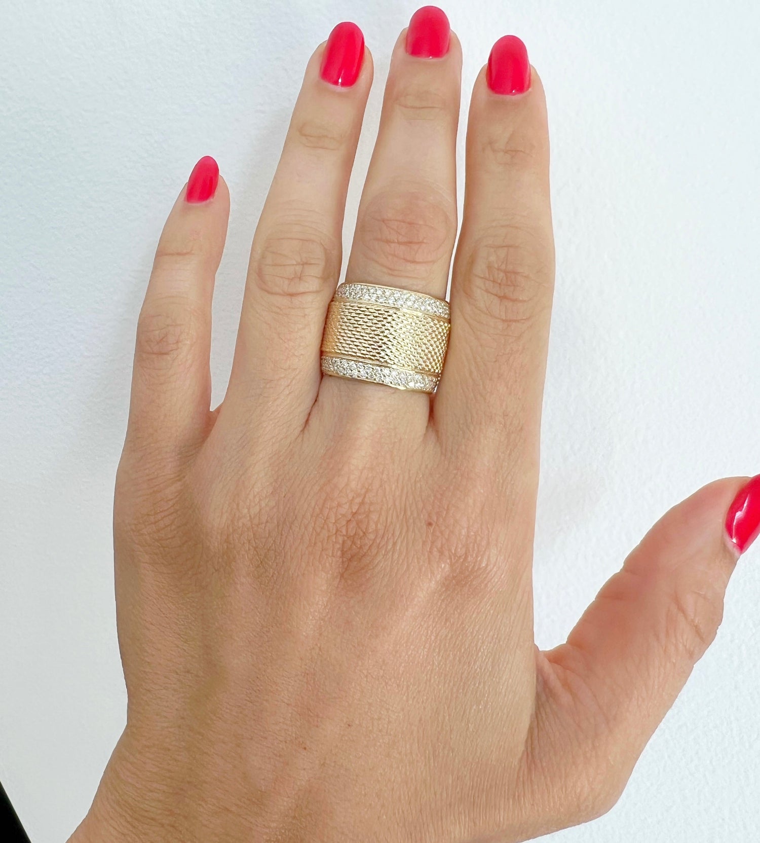 14K Yellow Gold Classic Wide Patterned Border Cigar Diamond Band Ring Ring ABB-614/2Y-D-1  - Abtin & Co.