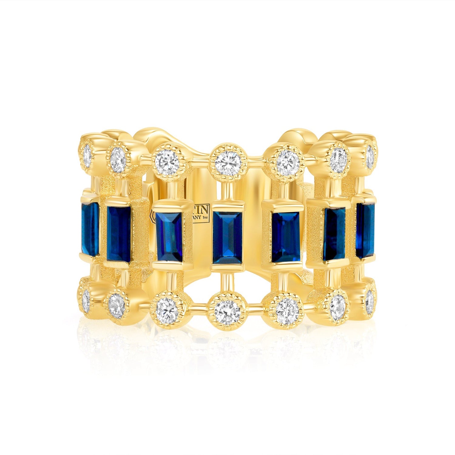 14K Yellow Gold Diamond & Blue Sapphire Lace Cigar Ring Ring ABB-616.2-BSD-1  - Abtin & Co.
