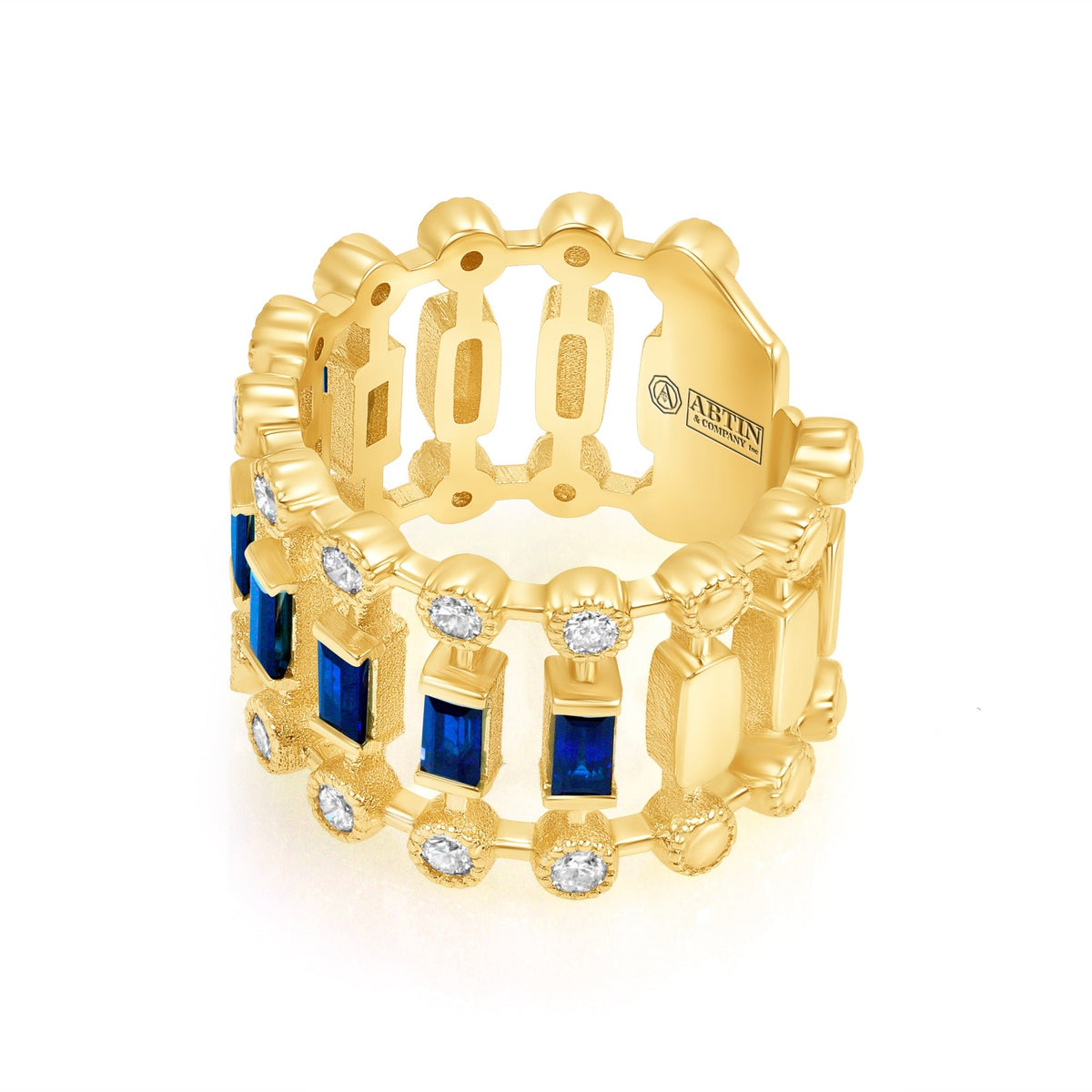 14K Yellow Gold Diamond & Blue Sapphire Lace Cigar Ring Ring ABB-616.2-BSD-1  - Abtin & Co.