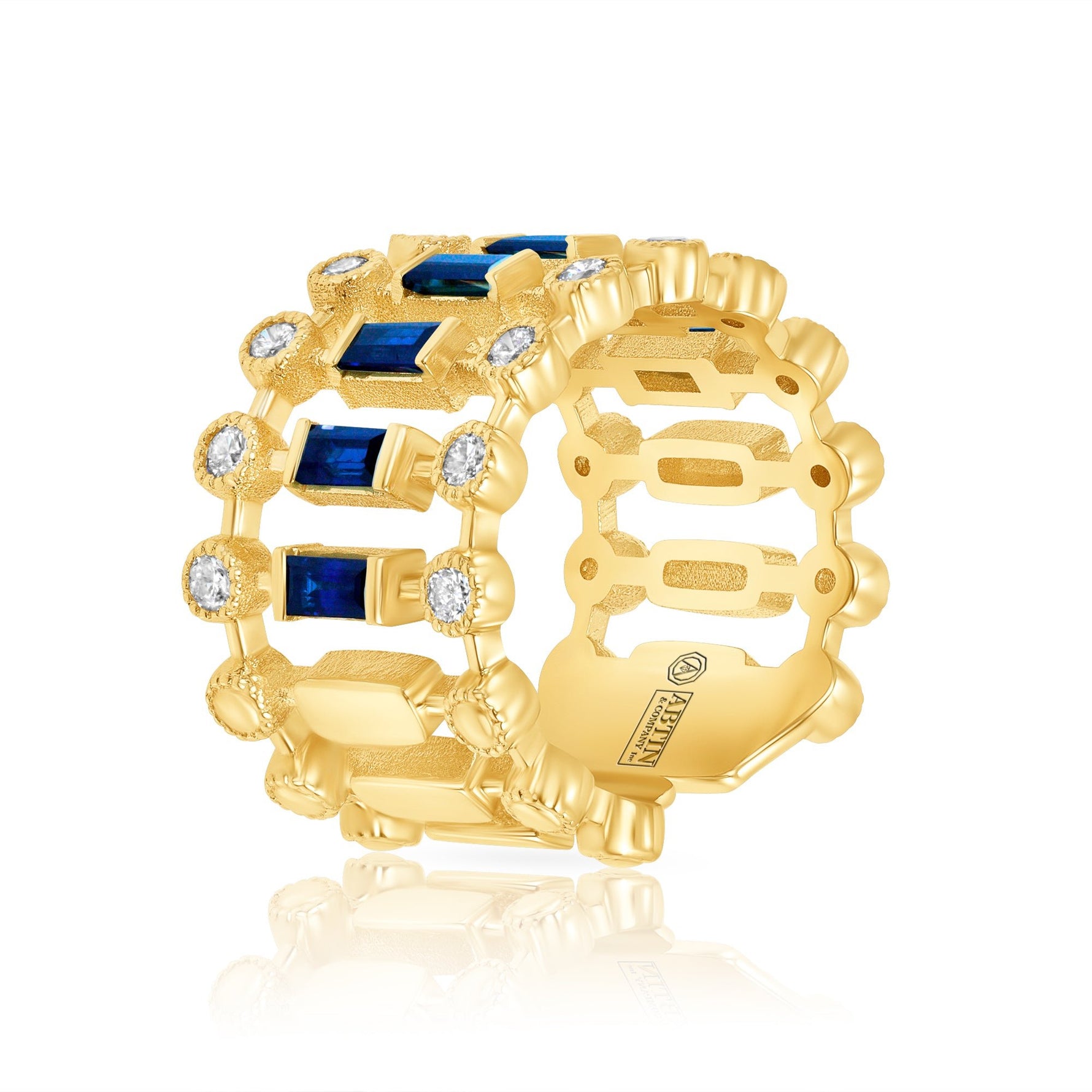 14K Yellow Gold Diamond & Blue Sapphire Lace Cigar Ring Ring ABB-616.2-BSD-1  - Abtin & Co.