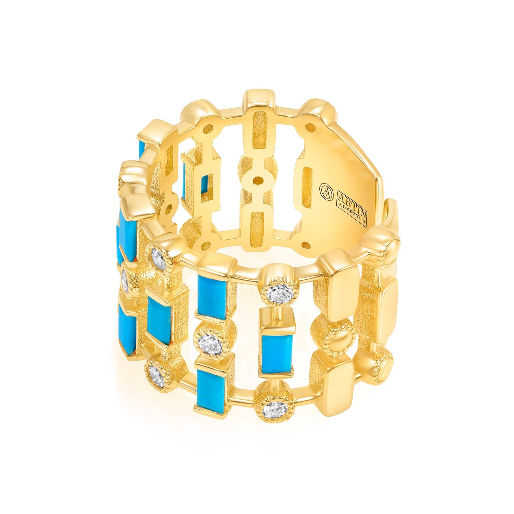 14K Yellow Gold Diamond & Turquoise Lace Cigar Band Ring ABB-617.2-TQD-1  - Abtin & Co.