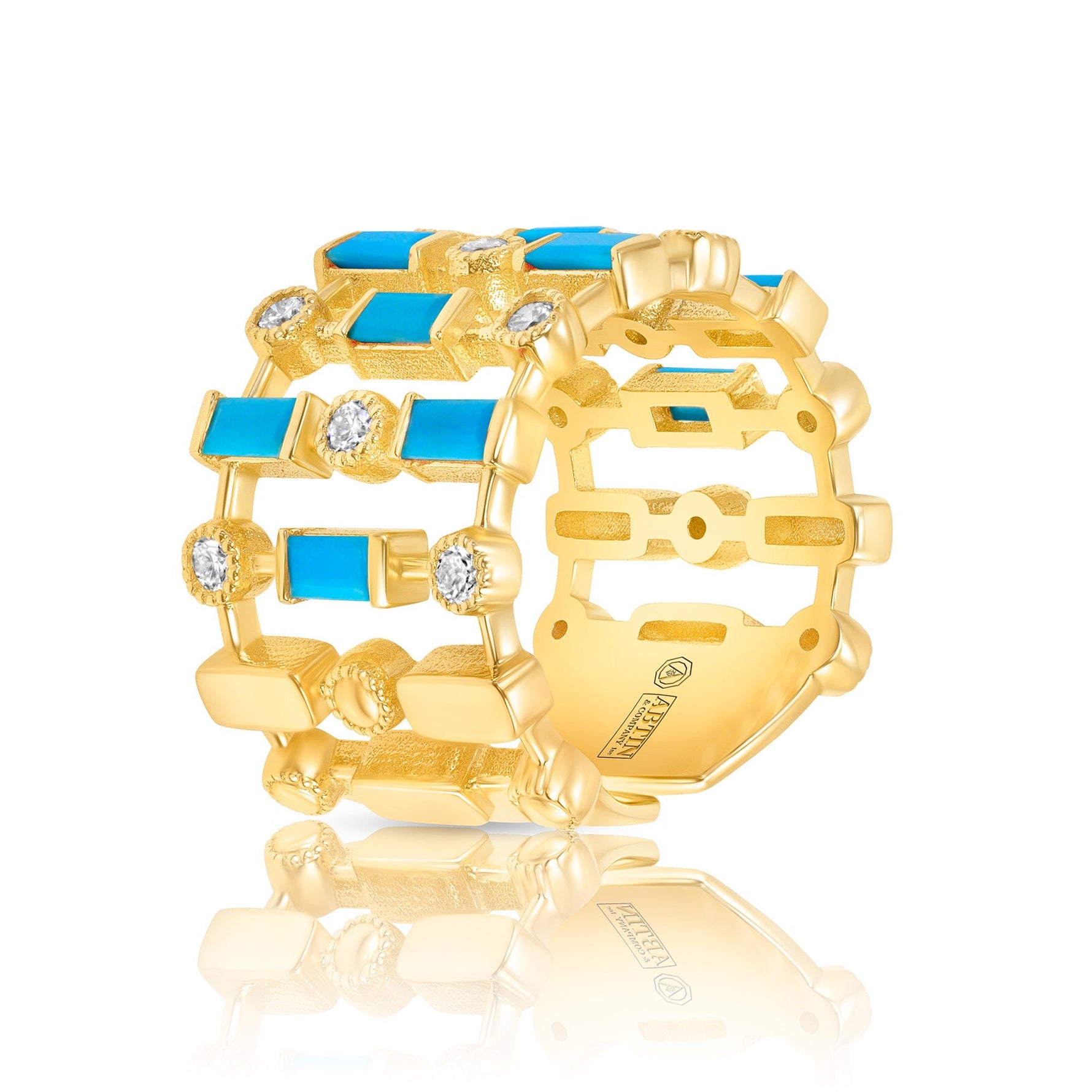 14K Yellow Gold Diamond & Turquoise Lace Cigar Band Ring ABB-617.2-TQD-1  - Abtin & Co.