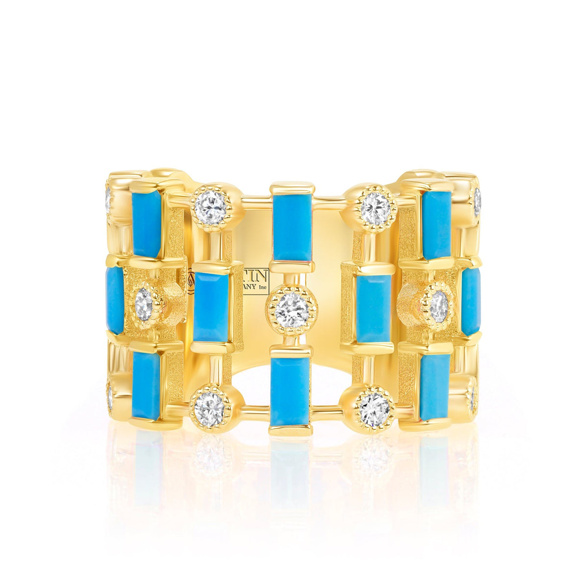 14K Yellow Gold Diamond & Turquoise Lace Cigar Band Ring ABB-617.2-TQD-1  - Abtin & Co.