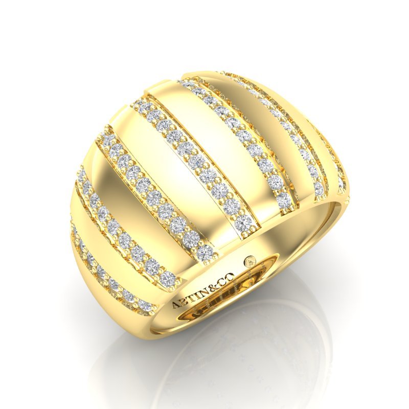14K Yellow Gold Fancy Eight Rows Diamond Stripe Dome Ring Band Ring ABB-648-D-1  - Abtin & Co.