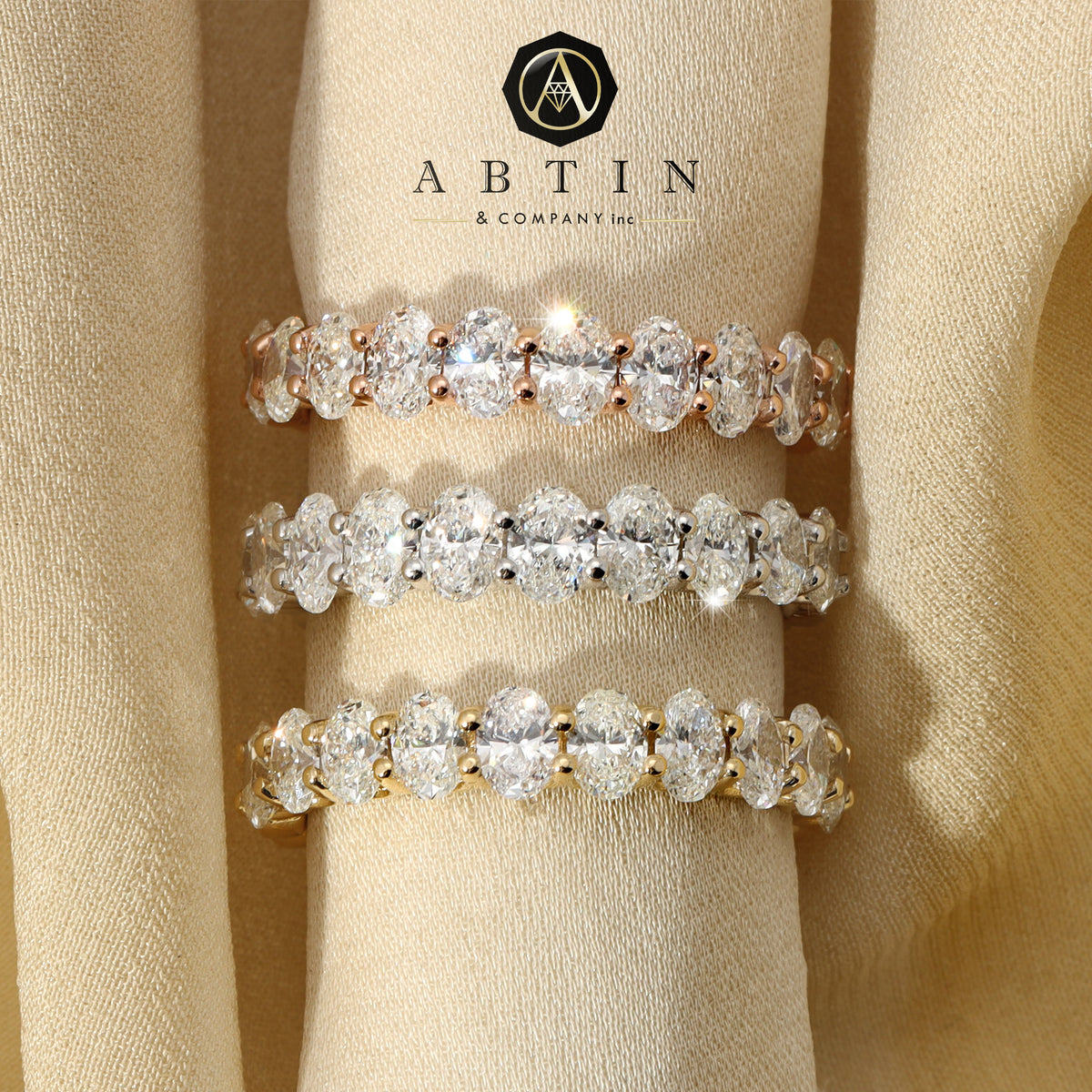 14K Gold Oval Cut Three Quarter Way Eternity U Prong Set Lab Grown Diamond Wedding Band Ring - Abtin & Company 