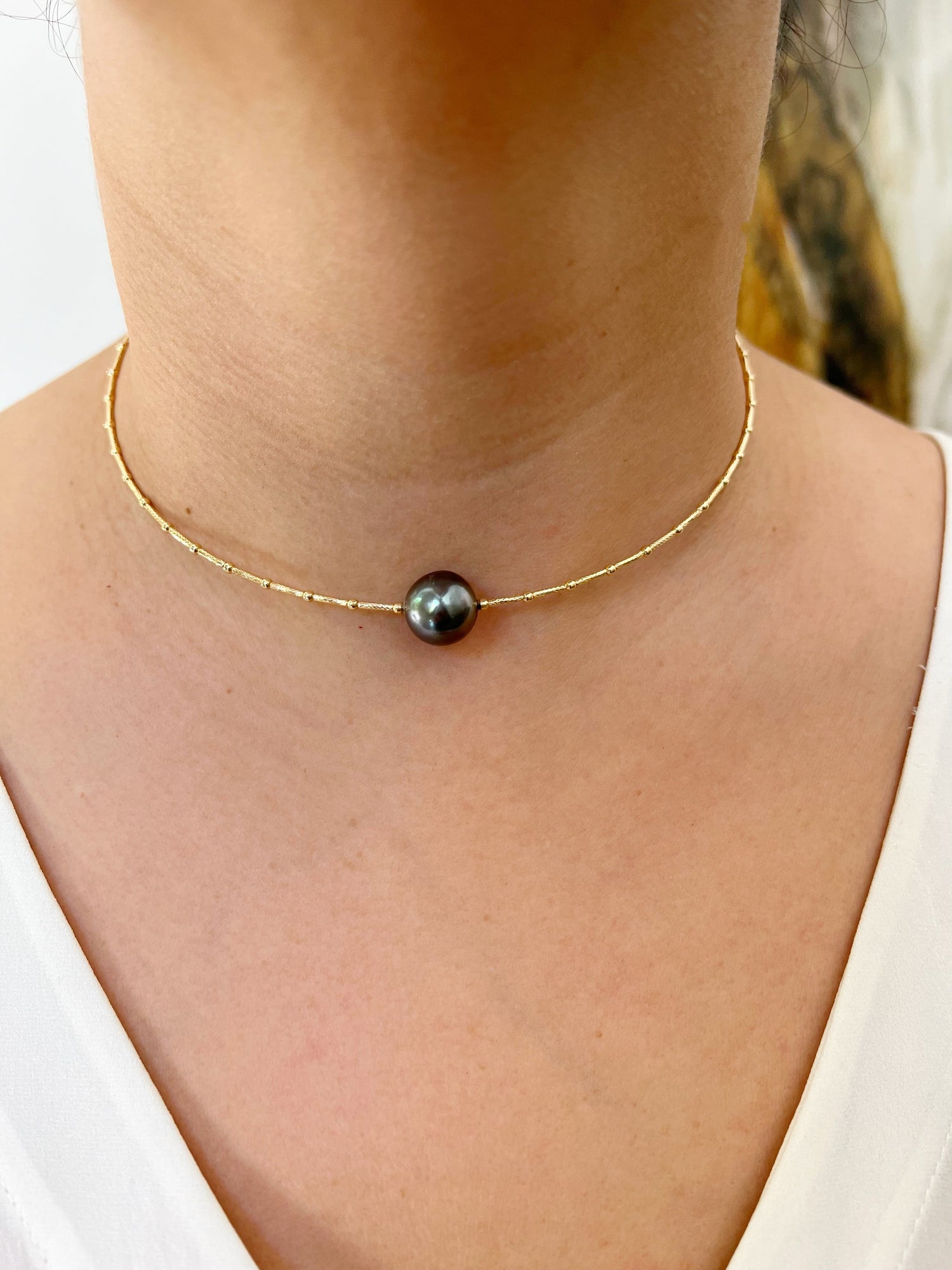 18K Gold Black Pearl Choker Necklace Necklace ARC-116Y-PF  - Abtin & Co.