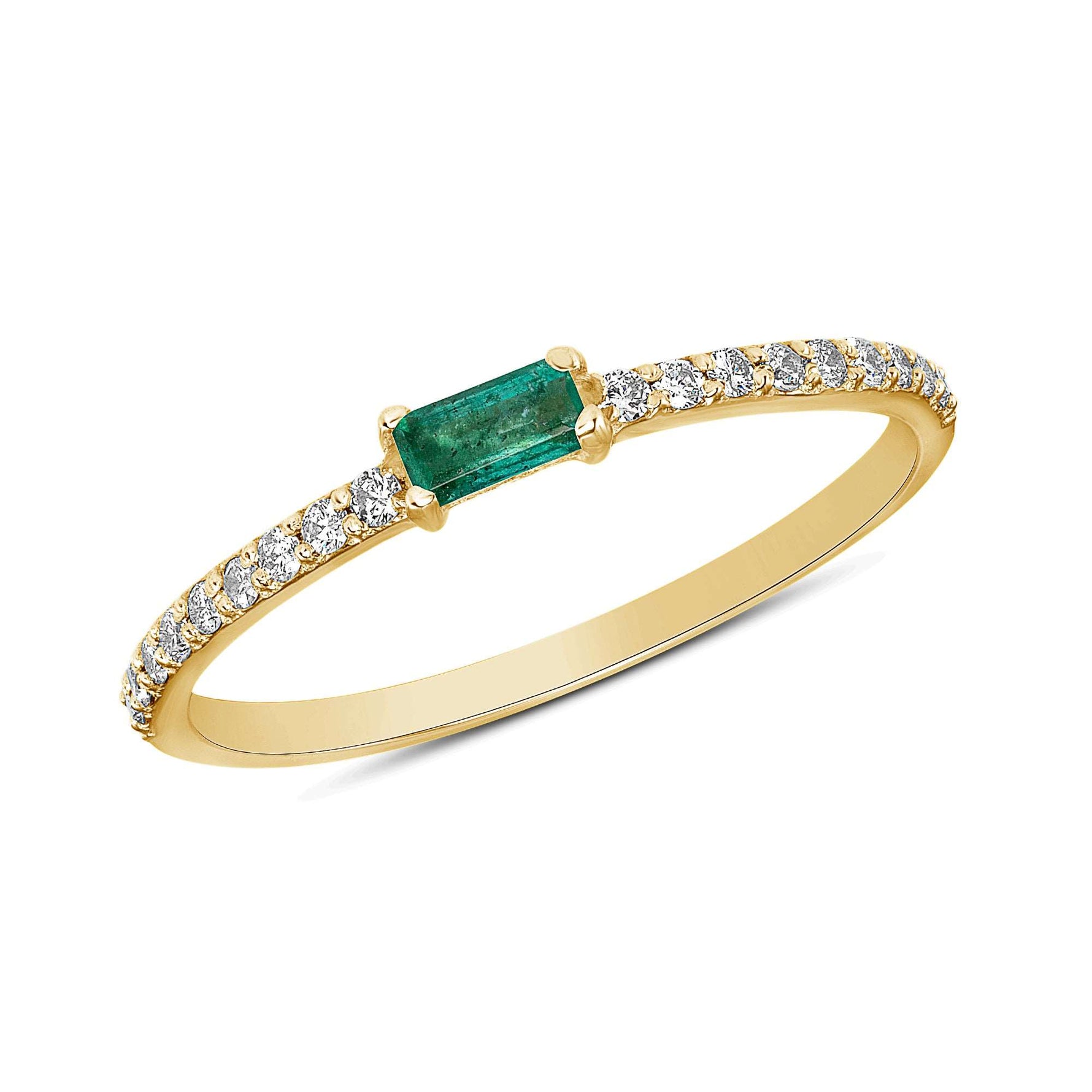 14K Gold Diamond & Emerald Baguette Stackable Ring Minimal Dainty Band - Abtin & Company 