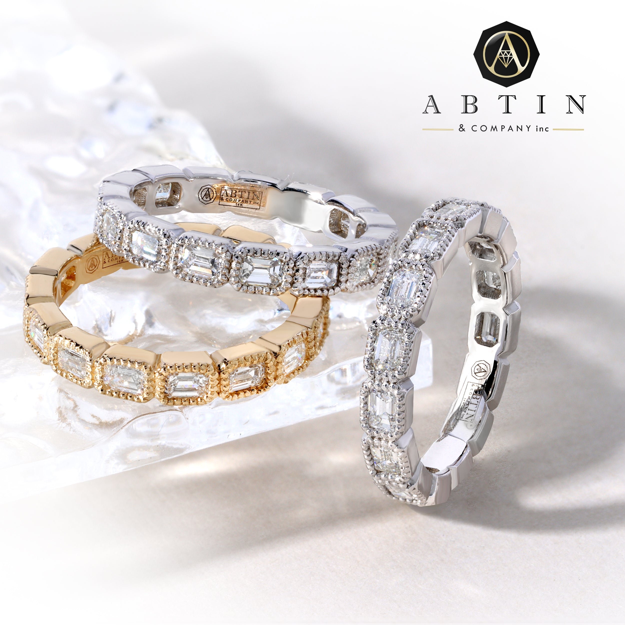 14K Gold Emerald Cut Three Quarter Way East West Eternity Milgrain Bezel Set Lab Grown Diamond Wedding Band Ring - Abtin & Company 