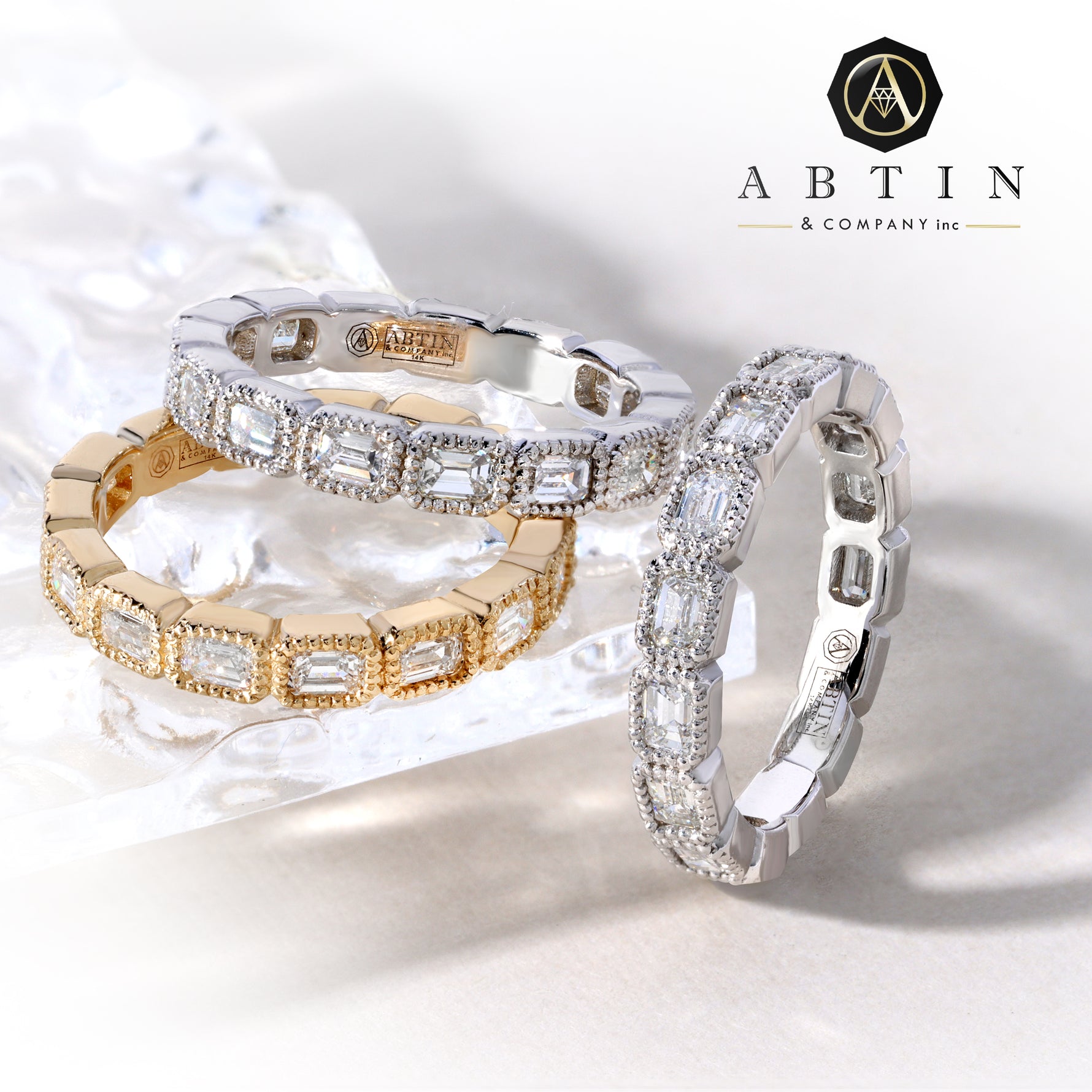 14K Gold Emerald Cut Three Quarter Way East West Eternity Milgrain Bezel Set Lab Grown Diamond Wedding Band Ring - Abtin & Company 