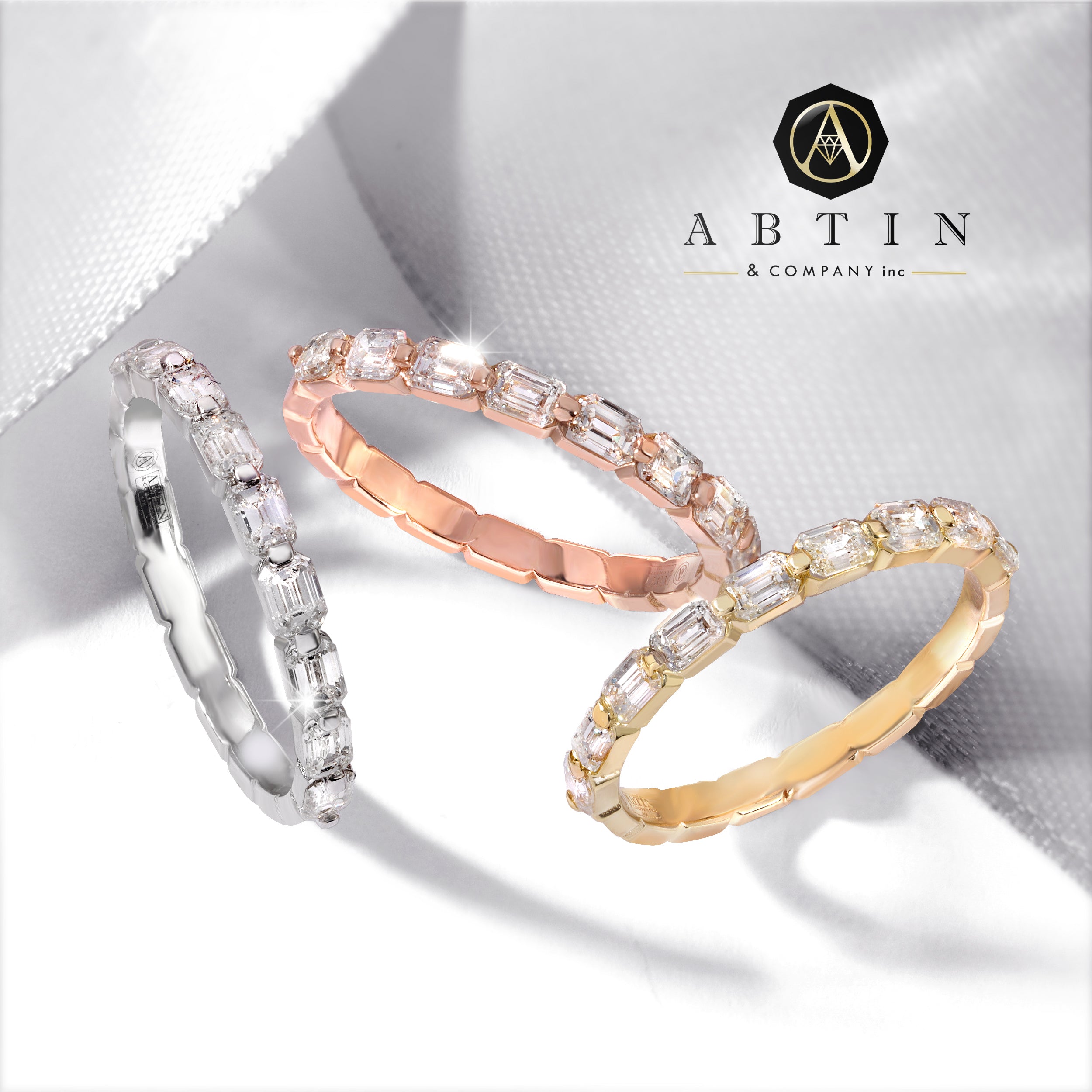 14K Gold Emerald Cut Halfway East West Eternity Modern Prong Set Lab Grown Diamond Wedding Band Ring - Abtin & Company 